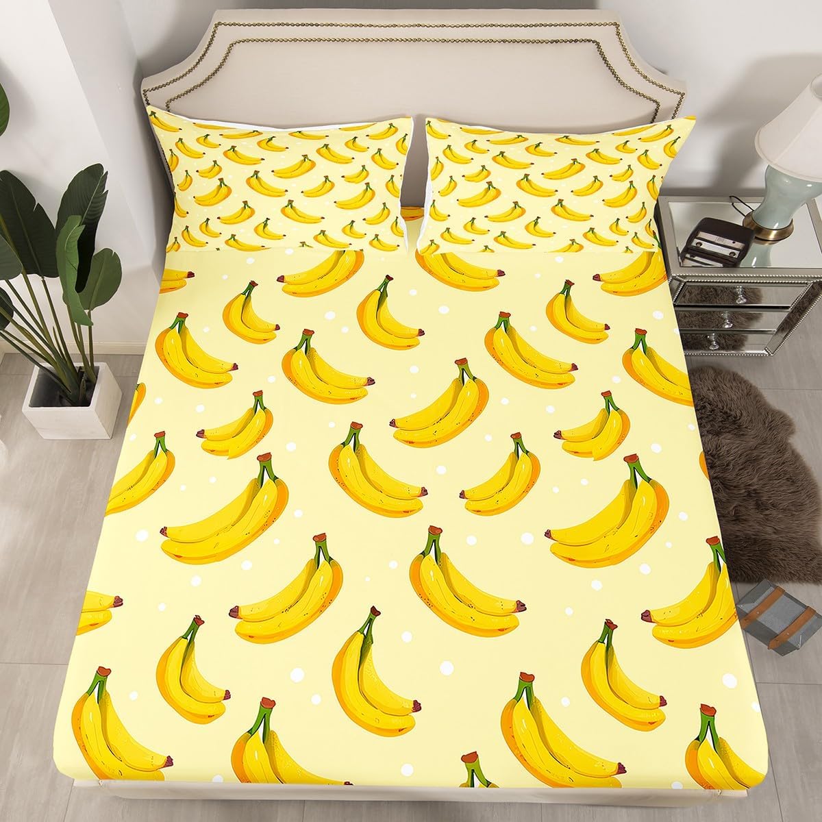 Feelyou Banana Bed Sheet Set for Kids Boys Girls Teens Tropical Fruit Yellow Summer Bedding Set Lightweight Microfiber Bed Cover Decor 3Pcs Fitted Sheet with 2 Pillowcase Queen