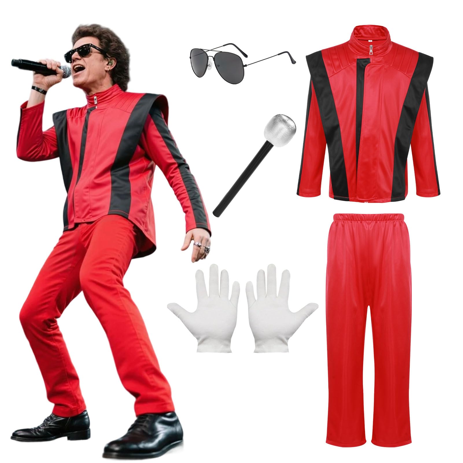 Antsparty Dancer Rocker Star Costume for Adult Kids, 80s Pop Costume Set with Red Jacket and Trousers Glove Glasses, King of Pop Fancy Dress, Halloween Cosplay Role Playing