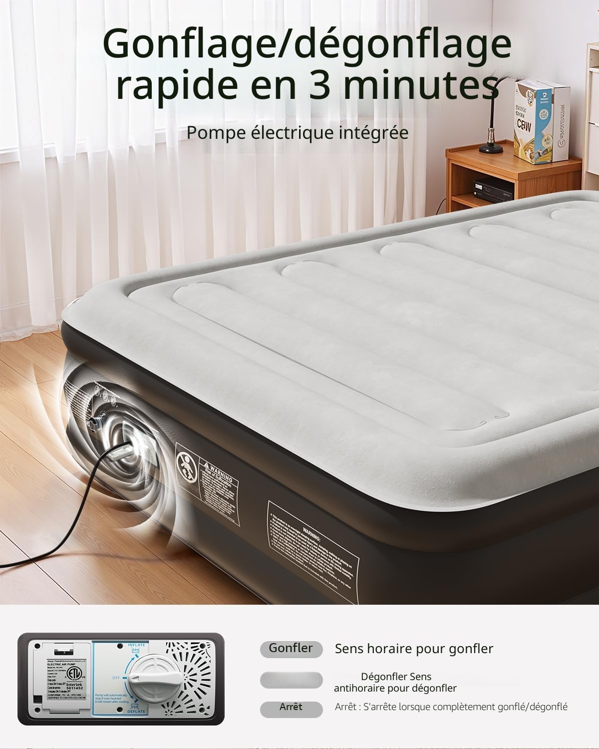 CHILLSUN Matelas Gonflable 2 Personnes 203x152x46cm Lit Gonflable Surface Flockée Étanche Pompe