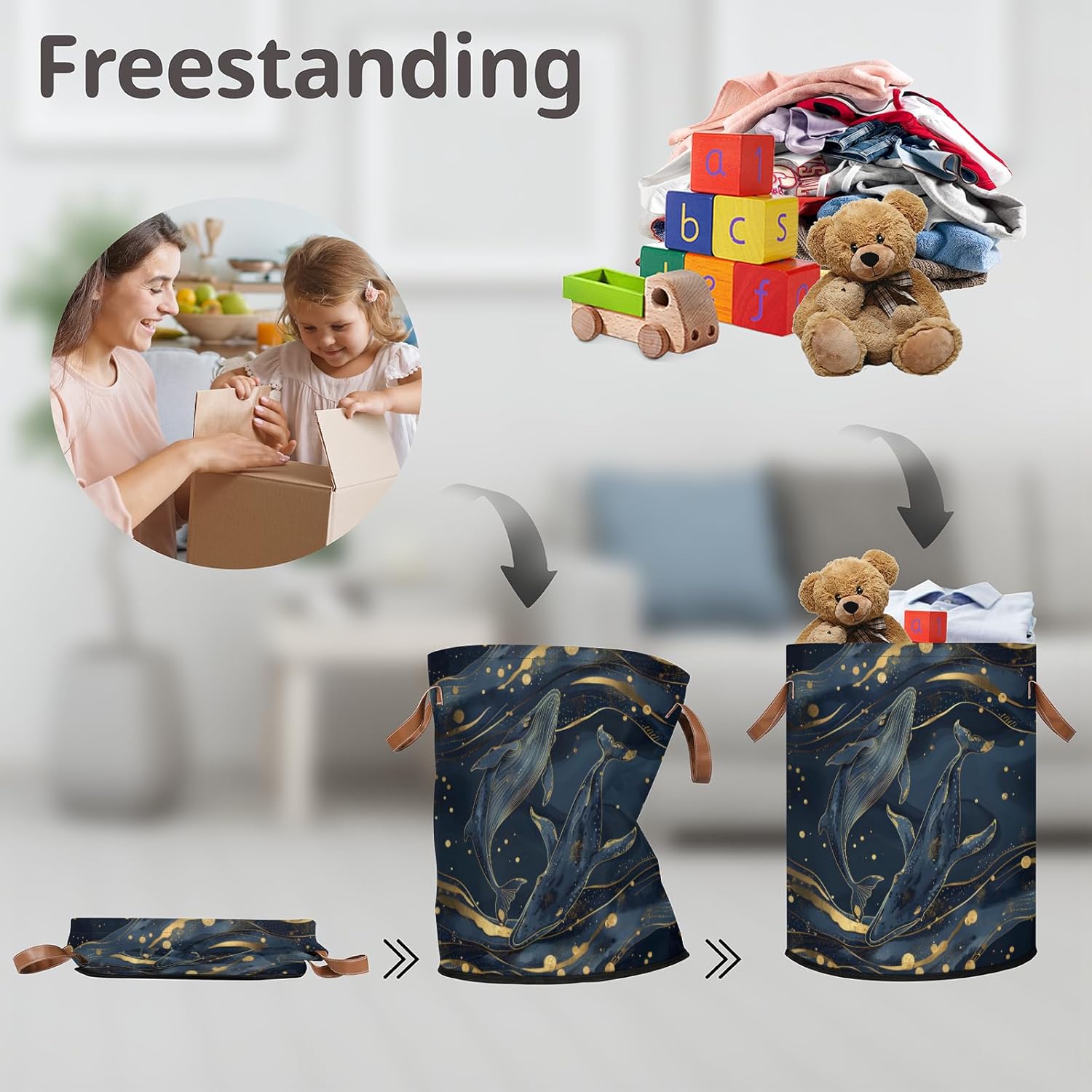 Golden Whale Laundry Basket Foldable Storage Baskets Round Laundry Hamper With Handle for Gift Baskets/Laundry Storage/Bedroom and Utility Room Storage Bins Watercolor Whale