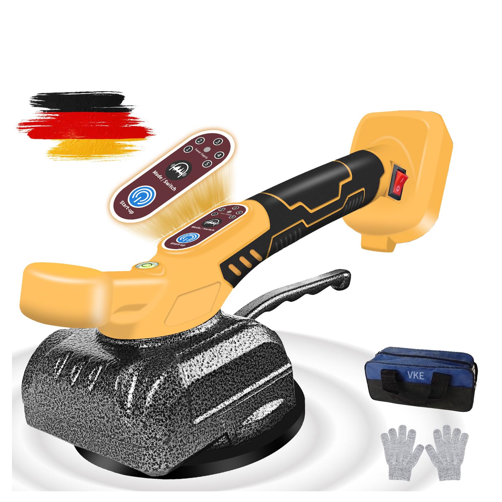 VKE Vibratore per Piastrelle, Potenza Aspirazione di 100 KG, Ventosa Vibrante per Piastrelle, Ventosa 130 MM e 5 Velocità, Ventose per Piastrelle con Borsa per Riporre, Giallo(Batterie non Incluse)