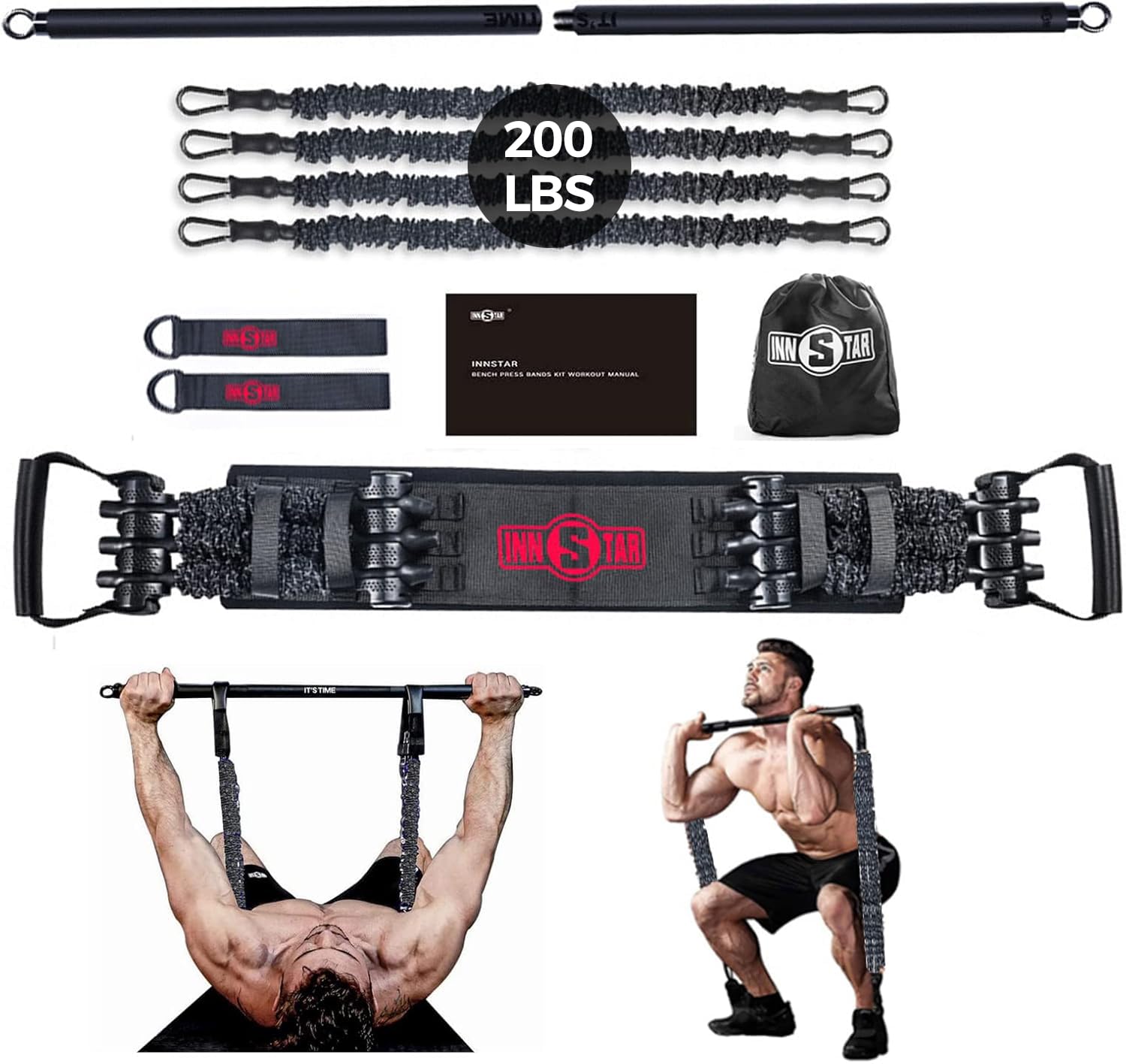 INNSTAR Resistance Bands Bar Exercise Bands Attachment 38" Black Max Load 800lb for Home Gym Workout Full Body Workout Power Lifting Fitness Bar