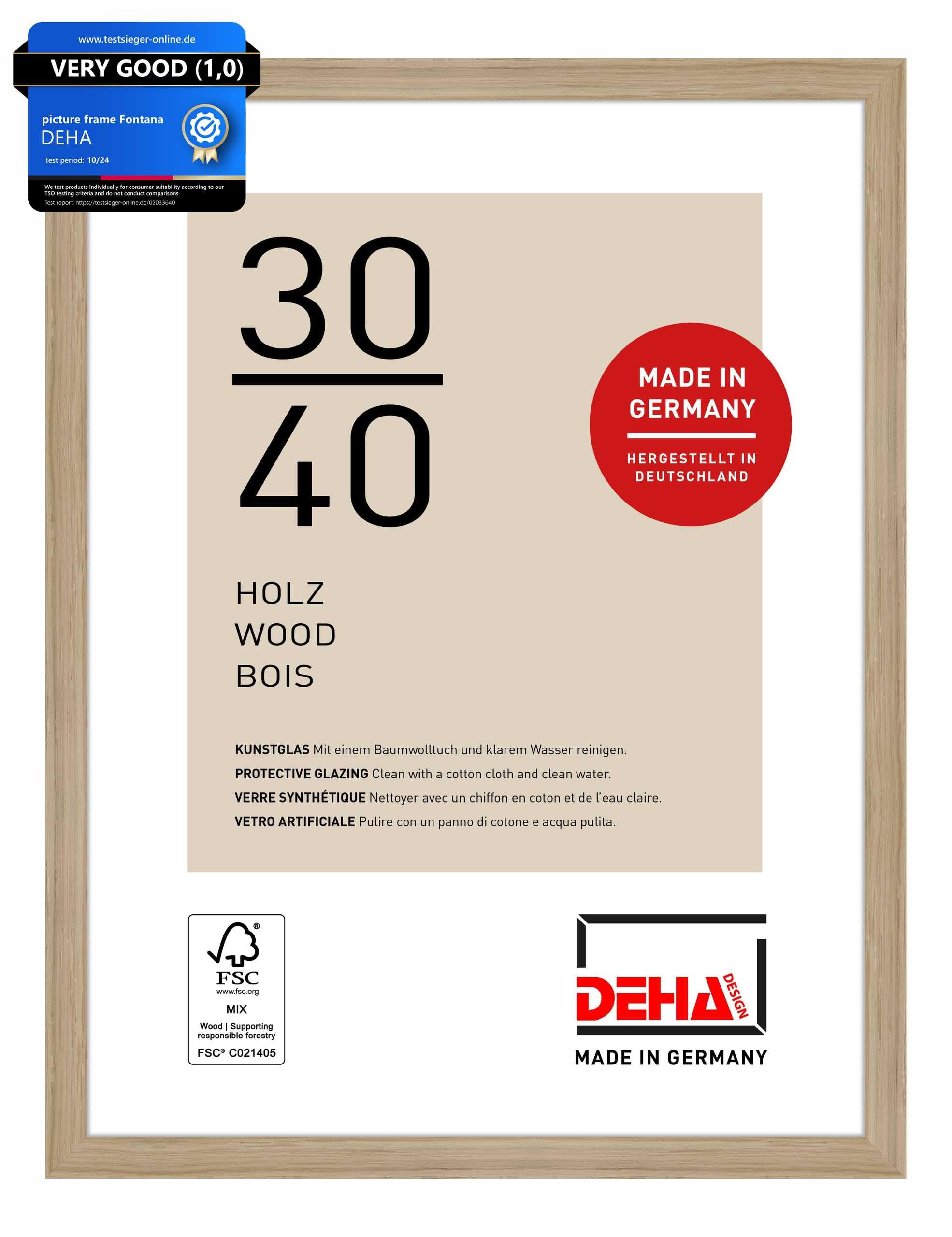 Deha Design Oak Fontana Wooden Picture Frame - 30X40 Cm – - With Synthetic Glass And Push/Turn Clips