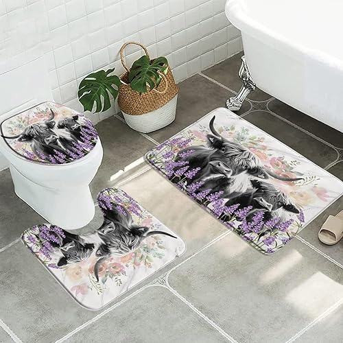 Juego de 3 piezas de baño de vacas de las tierras altas de granja con alfombra antideslizante, cubierta de tapa de inodoro y alfombrilla de baño,