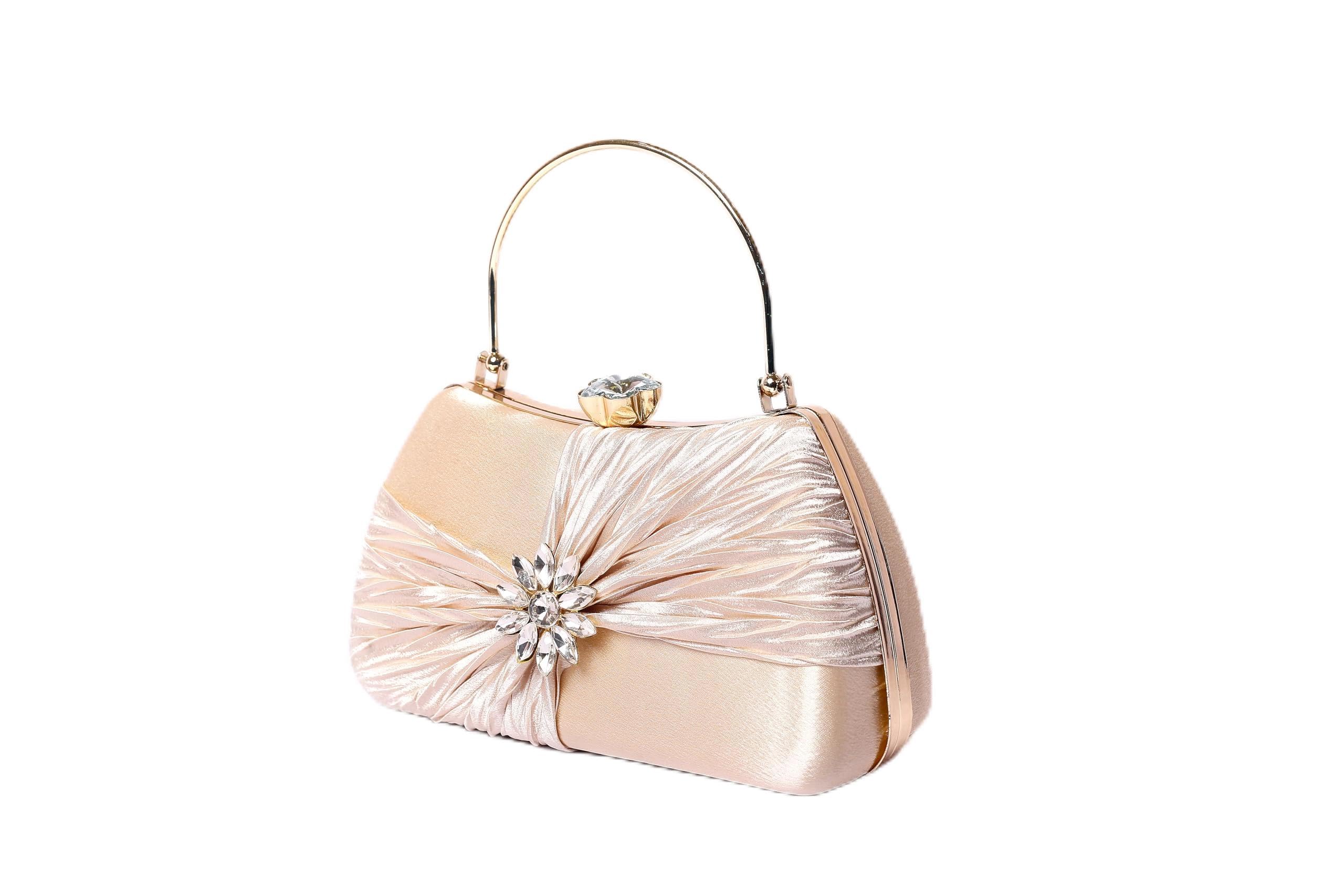 Elegant Evening Clutch Purse, Champagne Satin with Crystal Flower, Small Formal Handbag for Wedding, Party-image-11