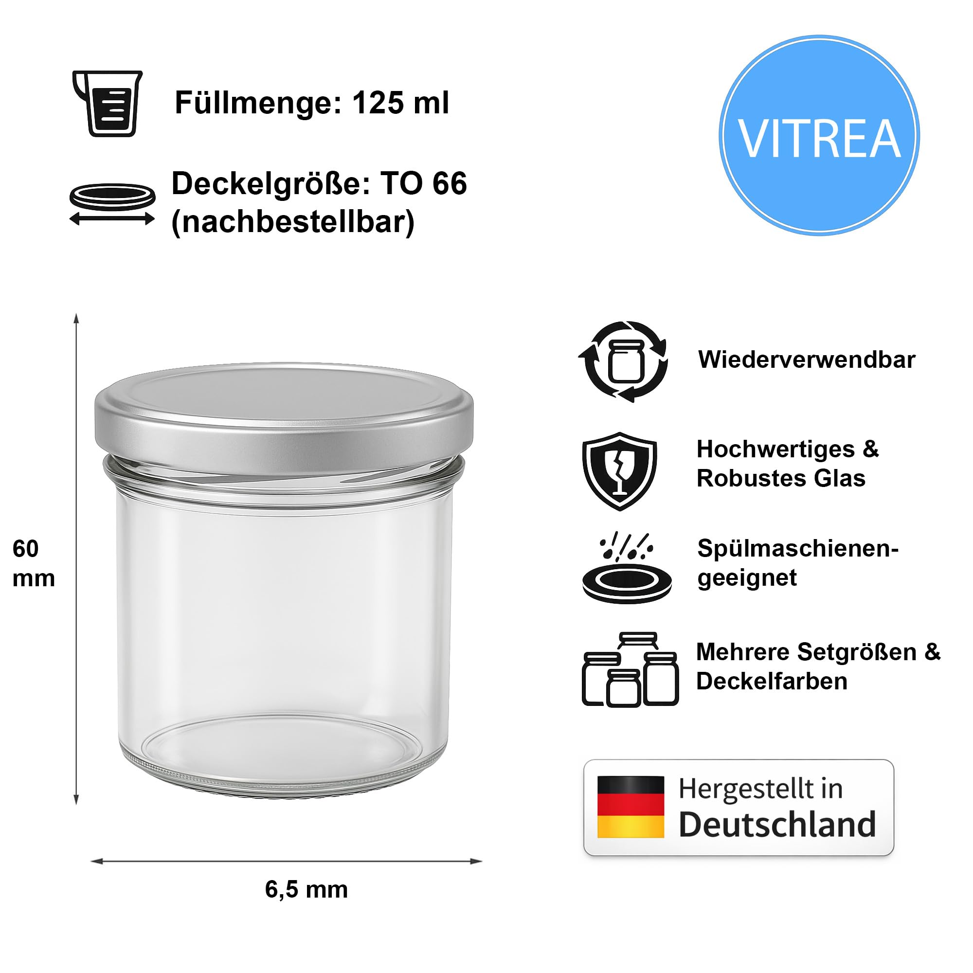 12 tarros de cristal con tapa de rosca – 125 ml de cristal/metal 6,6 x 6 cm (diámetro x altura), tapa de plata 66 – tarros de mermelada fabricados en Alemania (12)