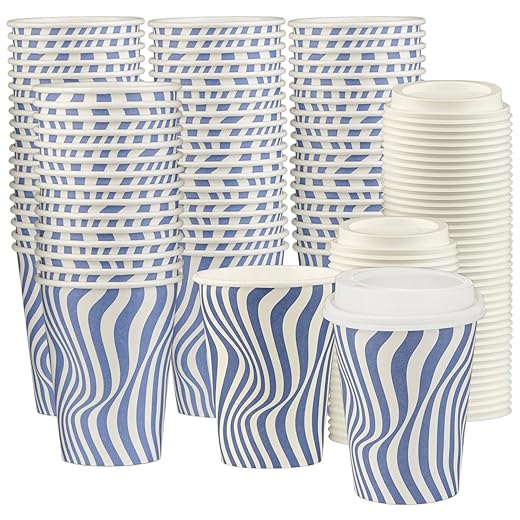 Smygoods Disposable Coffee Cups with Lids, To Go Paper Hot Cups, Blue Wave Design (12 OZ, 100 Count) For Hot Beverages, Coffee, Tea, Espresso, Cocoa - Vasos Para Cafe