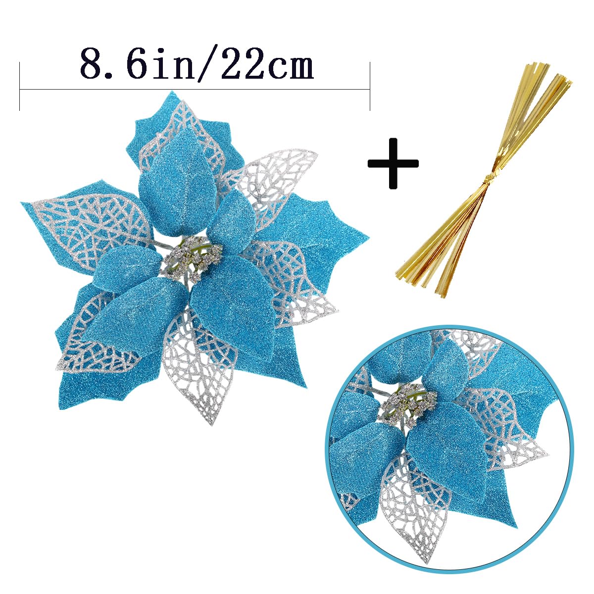 (Pack of 12) Glitter Poinsettia Christmas Tree Ornaments,Christmas Decorations Flower (Acid Blue)