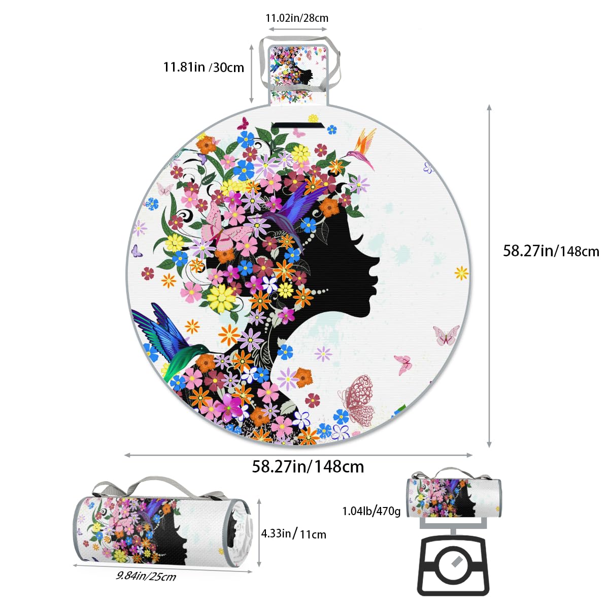 Shimoshe Colorful Butterfly Flower Woman Picnic Outdoor Blanket Foldable Waterproof Sandproof Beach Blanket Portable Water-Resistant Round Picnic Mat for Travel Camping Park Lawn