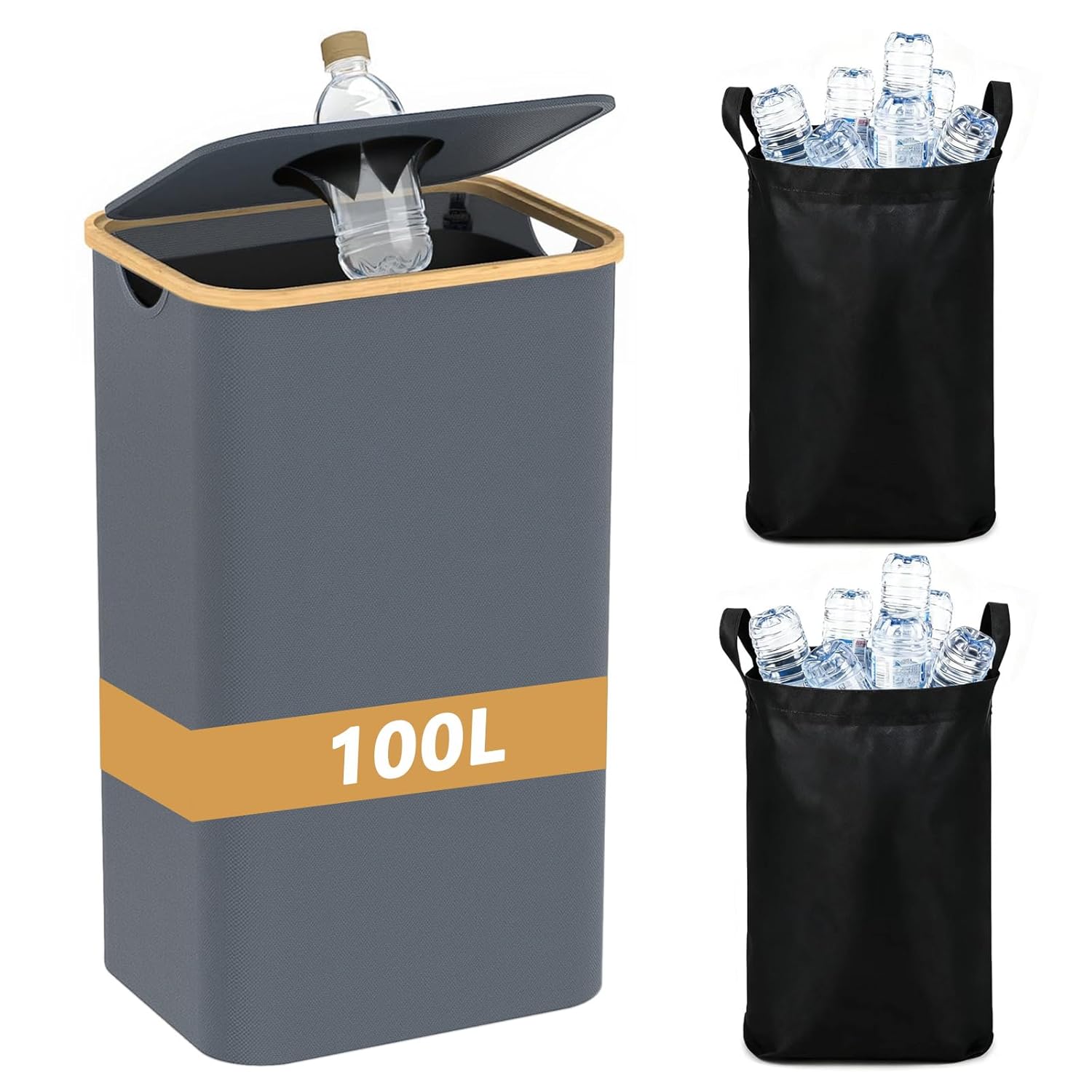 Recycling Bin for Kitchen 26 Gallon, 100L Large Recycle Bins with Bamboo Lid, 2 Removeable Reusable Inner Bags, Foldable Kitchen Trash Can for Recycling Bottle Plastics, Beige