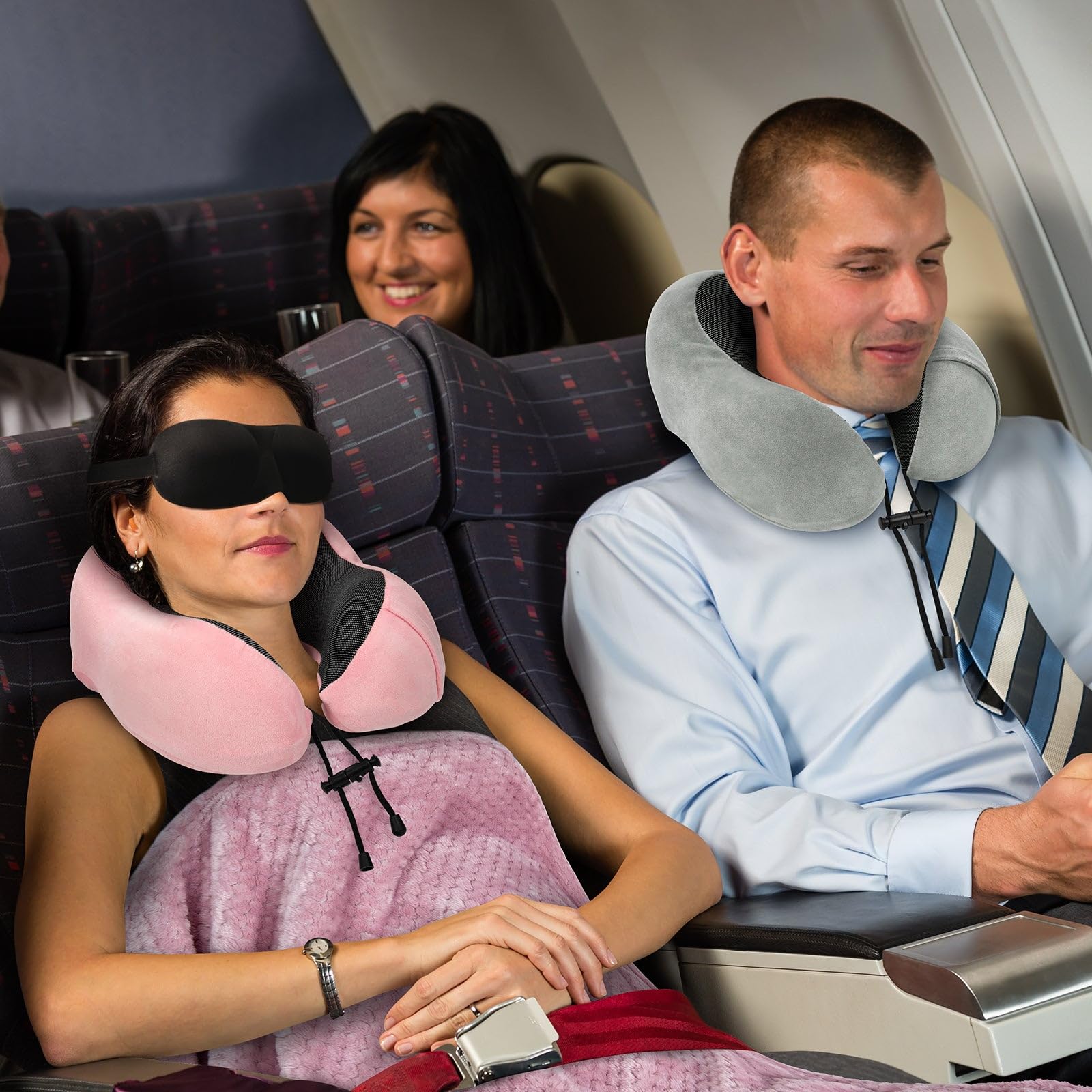 urnexttour Juego de almohada y manta de viaje, almohadas para el cuello, mantas suaves con máscara para dormir, esenciales de viaje para avión, coche, espuma viscoelástica, color rosa