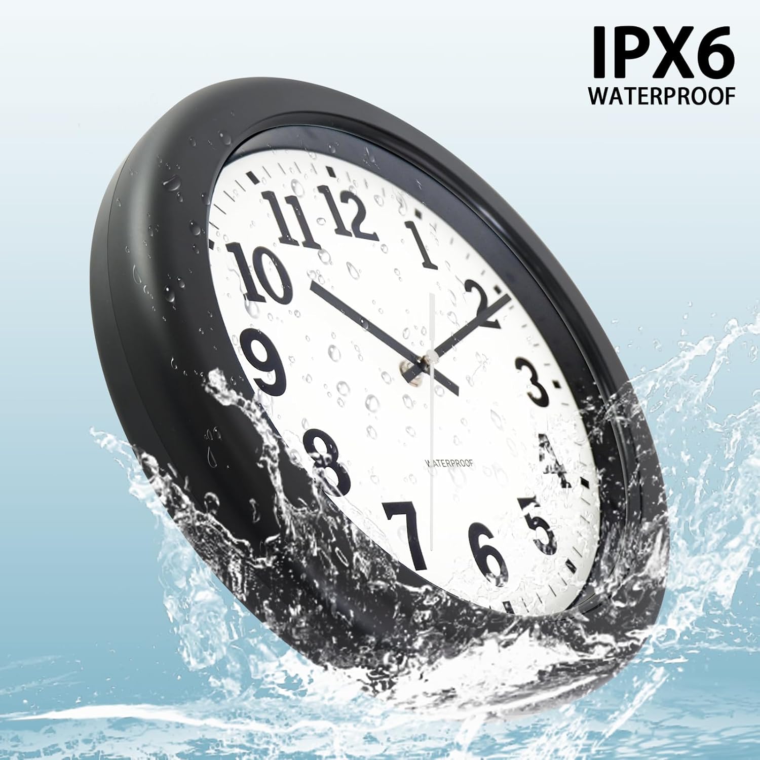 Caysie 12 Inch Sealed Indoor Outdoor Clock Waterproof, Silent Battery Operated Weatherproof Wall Clocks for Pool Patio Outside Home (Black)