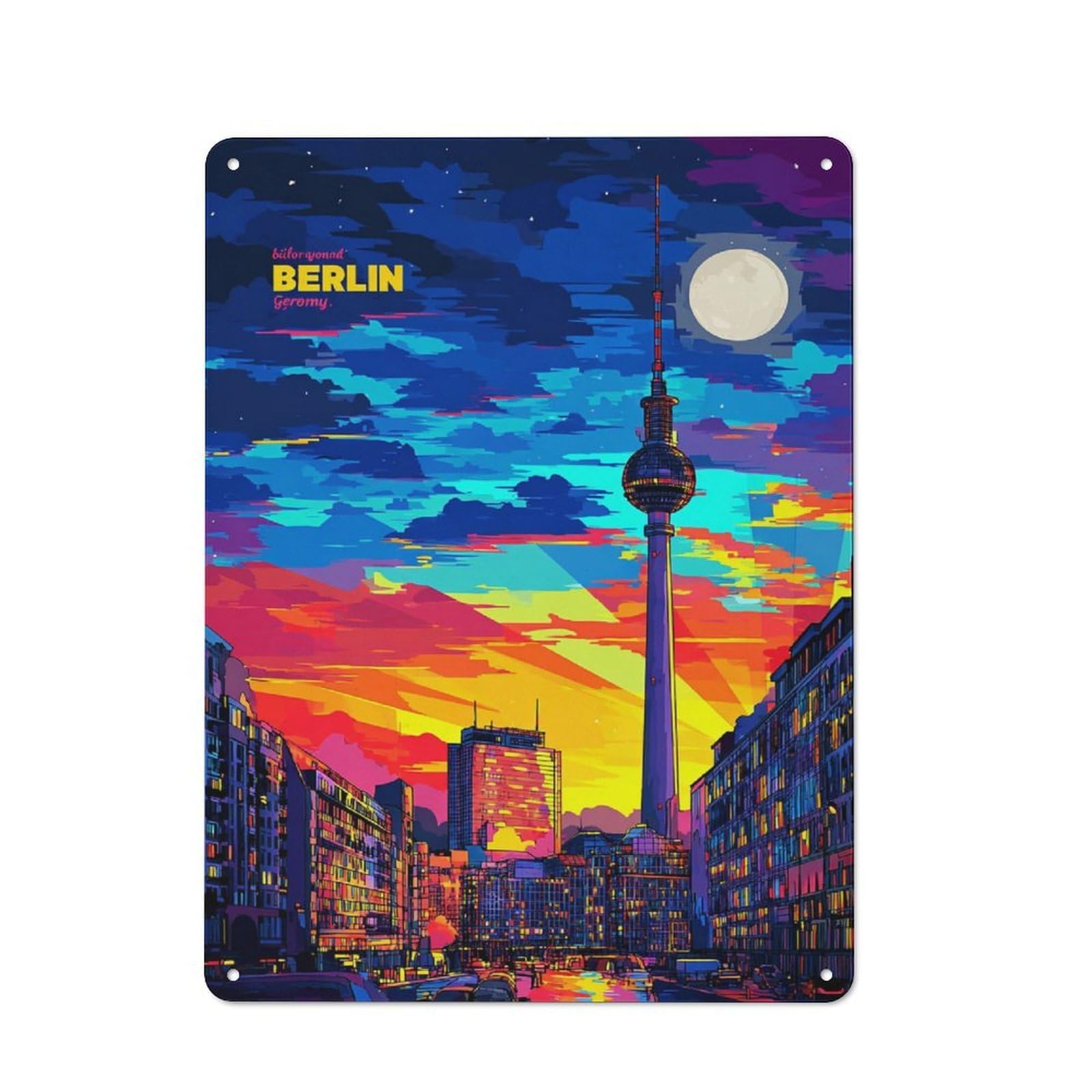 Junmoney Berlin Tower Night Sky -1 Metal Wall Sign 40X30cm Featuring For Home Bar Wall, Suited To Bar Sign Collectors