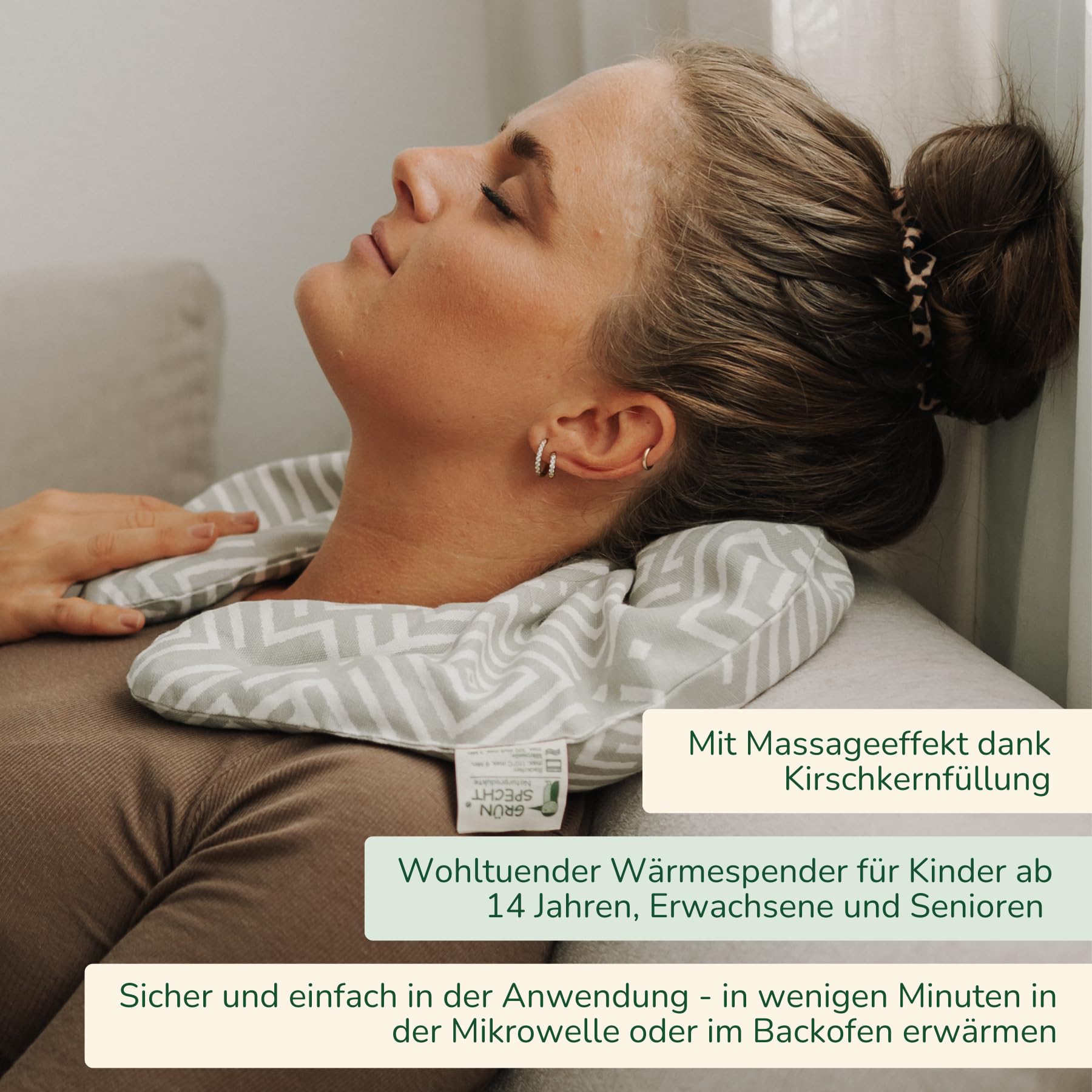GRÜNSPECHT Kirschkern-Nackenkissen mit Kragen 35x48 cm, Wärmekissen aus Baumwolle, Geschenkbox, für Mikrowelle & Backofen, bei Verspannungen/Beschwerden im Nacken/oberen Rücken (383-V1)