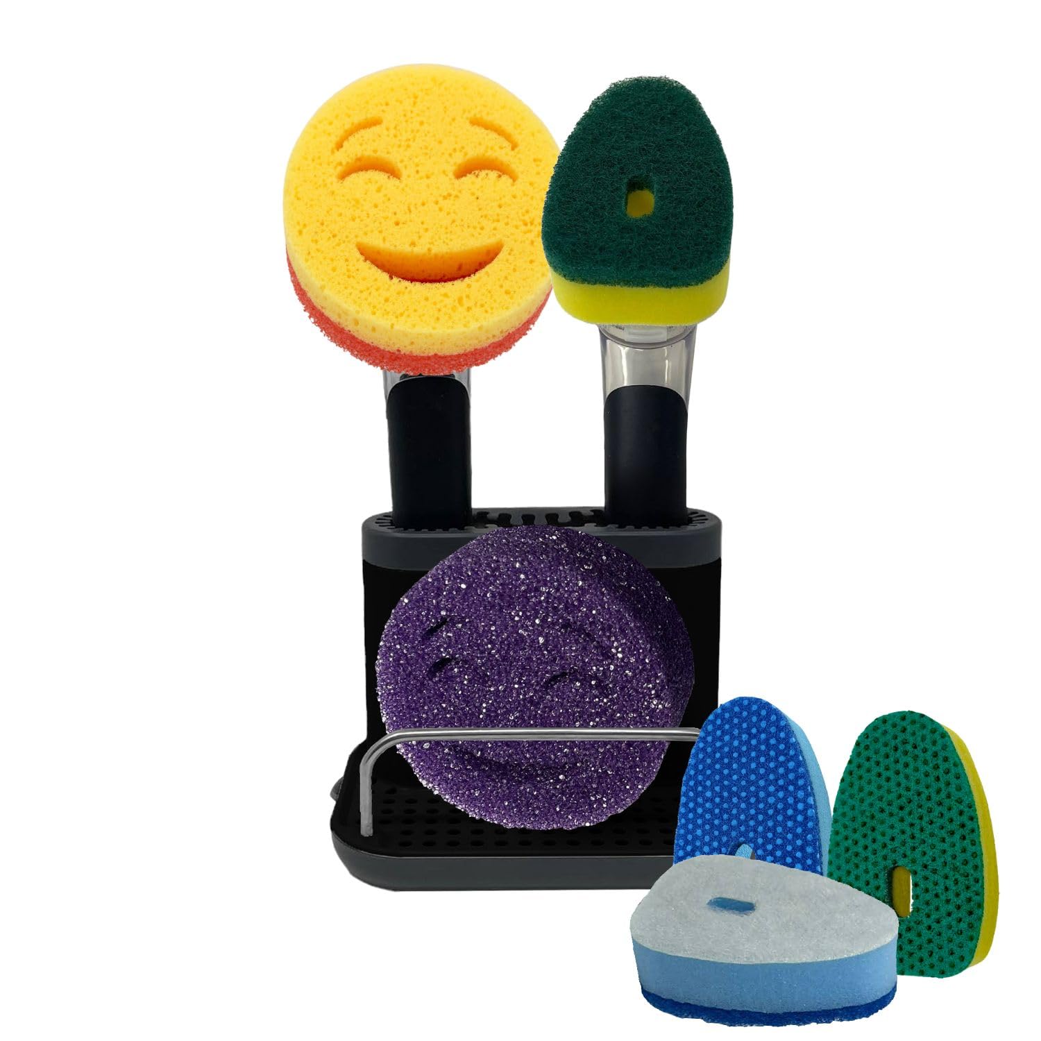 The Original Smiling Handle with Soap Dispensing for the Smiling Sponge with Smilyeez Caddy, Dishwand with Sponges, and 2 Scrub Mojis (Black)