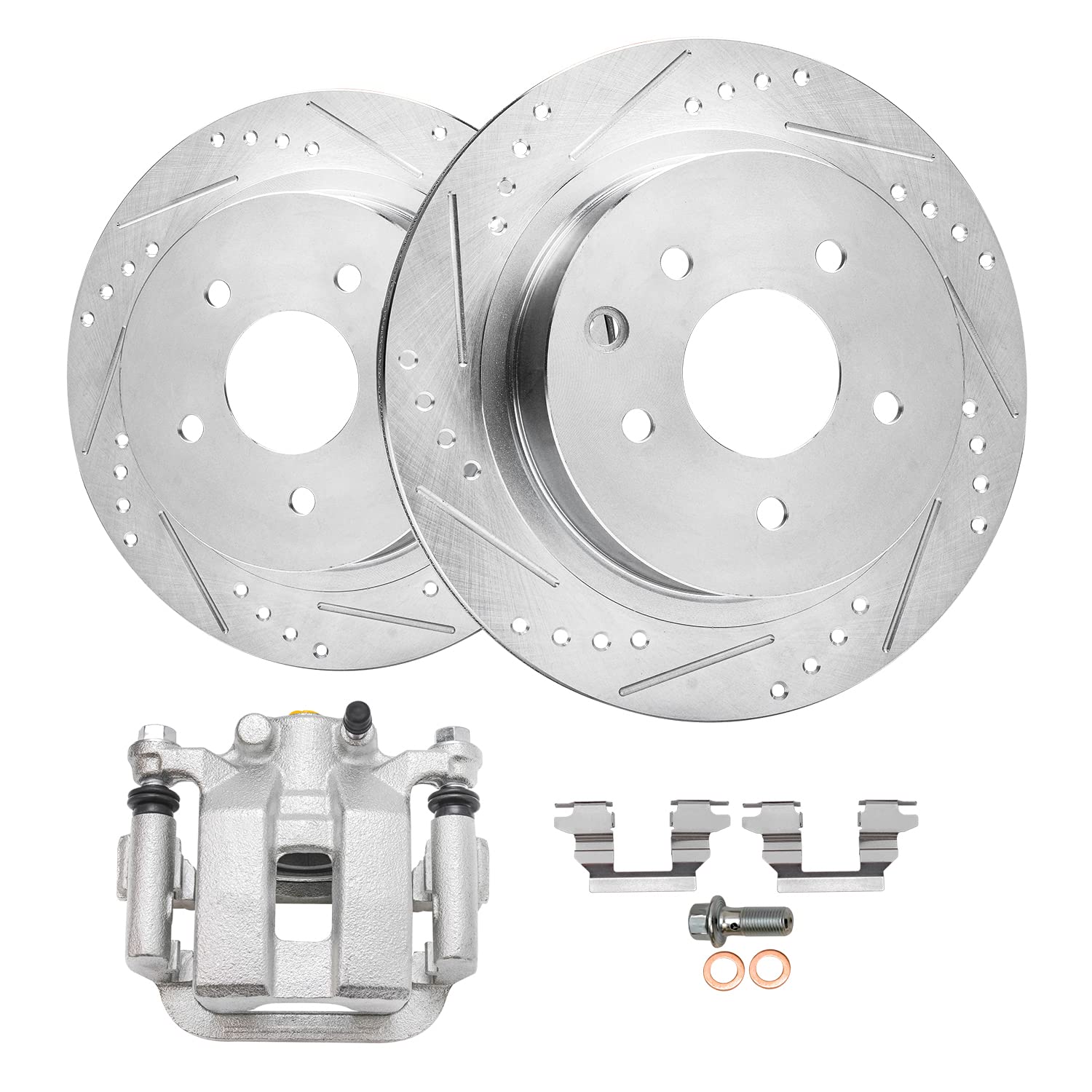 Detroit Axle - Rear Drilled Rotors + Left Brake Caliper Replacement