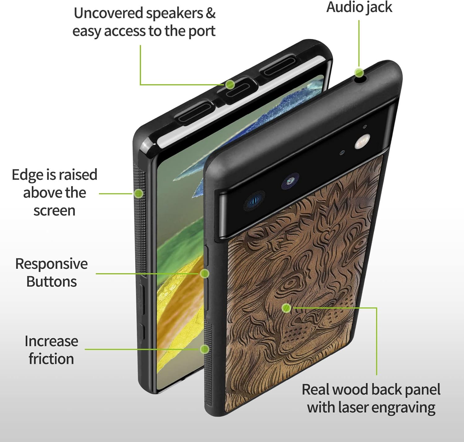 Carveit Wood Case for Pixel 6 Case [Natural Wood & Black Soft TPU] Shockproof Protective Unique & Classy Wooden Cover Compatible with Google Pixel 6 (Lion-Walnut)