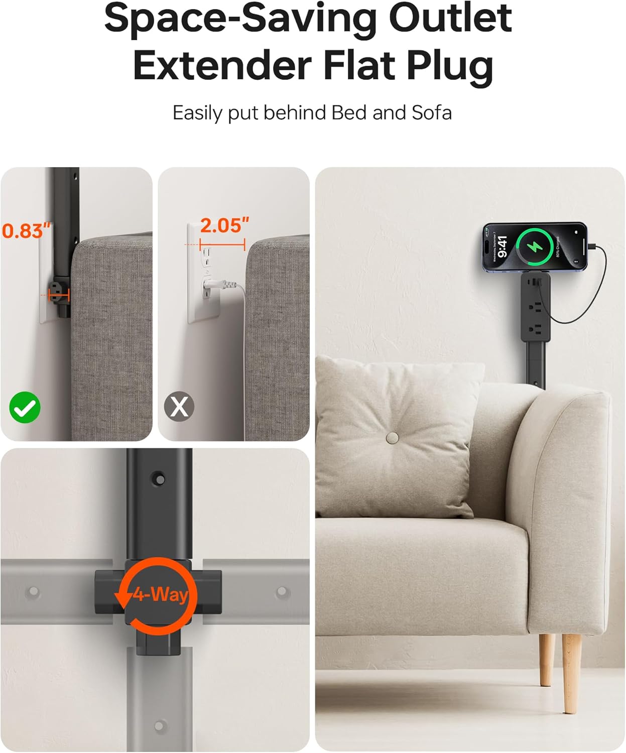 Electrical Outlet Extender Stick Black with 4-Way Flat Plug | Extends 8"-36" | Outlet Extender with 2AC Outlets, 2USB-A & 1USB-C Ports | Socket Expander Access Hard-to-Reach Outlets Bed Sofa Behind