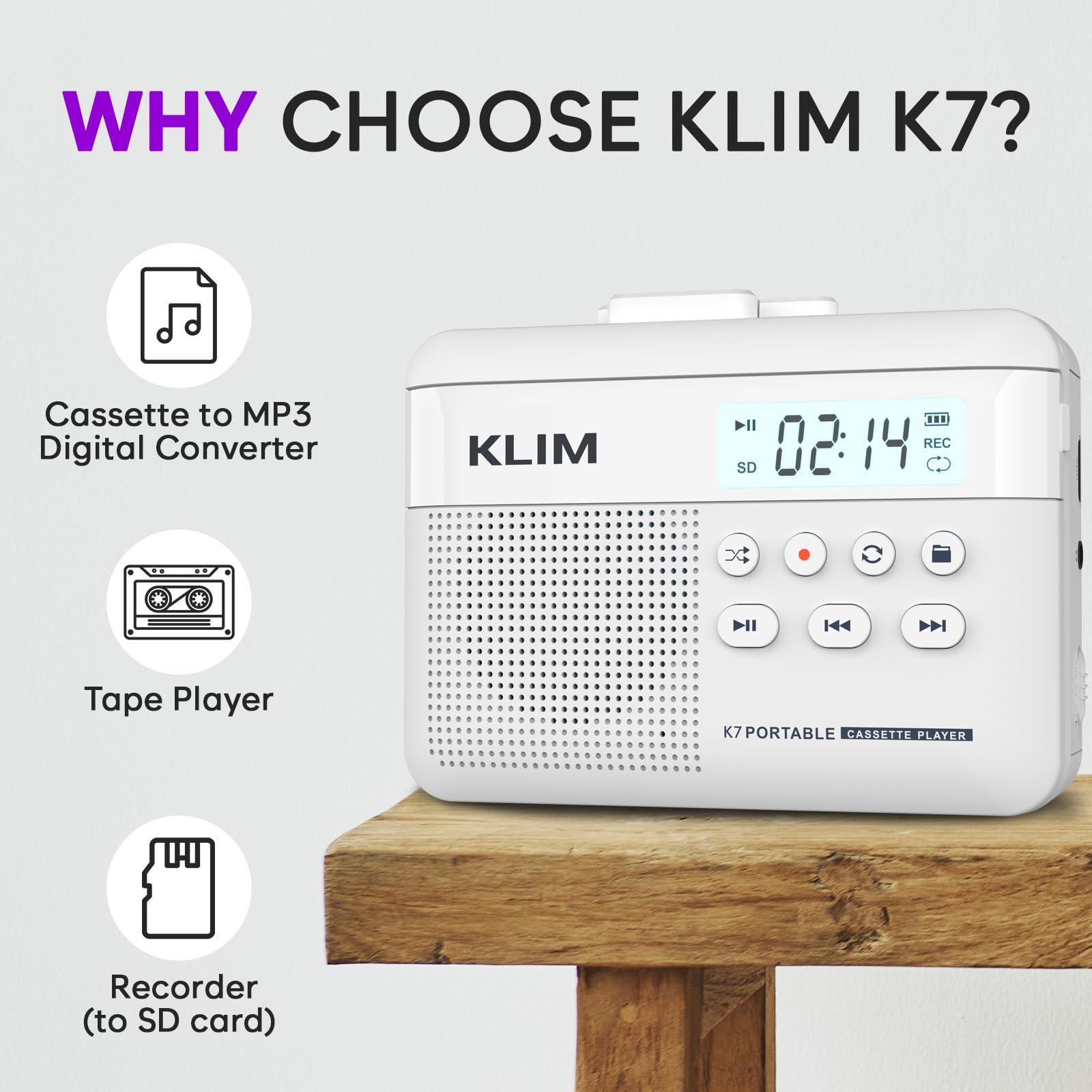 KLIM K7 Cassette Tape Player - Cassette to MP3 Converter - Portable - Built-in Microphone & Speaker - Rechargeable Battery - Earphones - 16GB SD Card - White