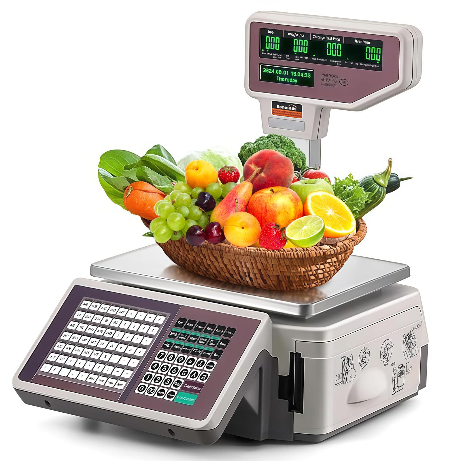 Balance numérique de prix avec imprimante de reçus, balance de pesée de 30 kg avec double écran LCD, idéale pour les magasins de détail, les supermarchés et les épiceries