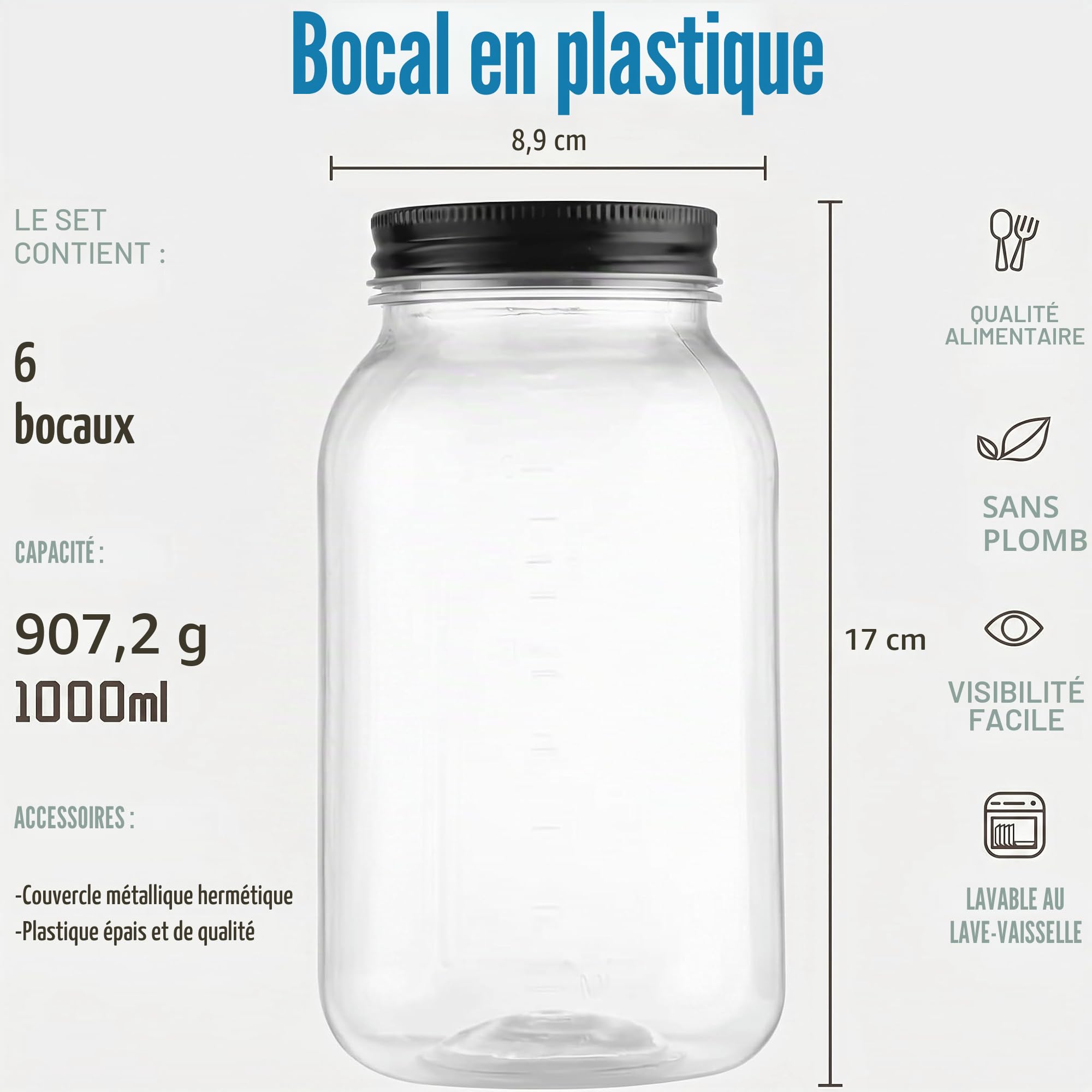 novelinks Lot de 6 bocaux hermétiques en plastique sans BPA avec couvercles en métal, pour garde-manger, épices, collations, cuisine et salle de bain, étanches et réutilisables (noir)