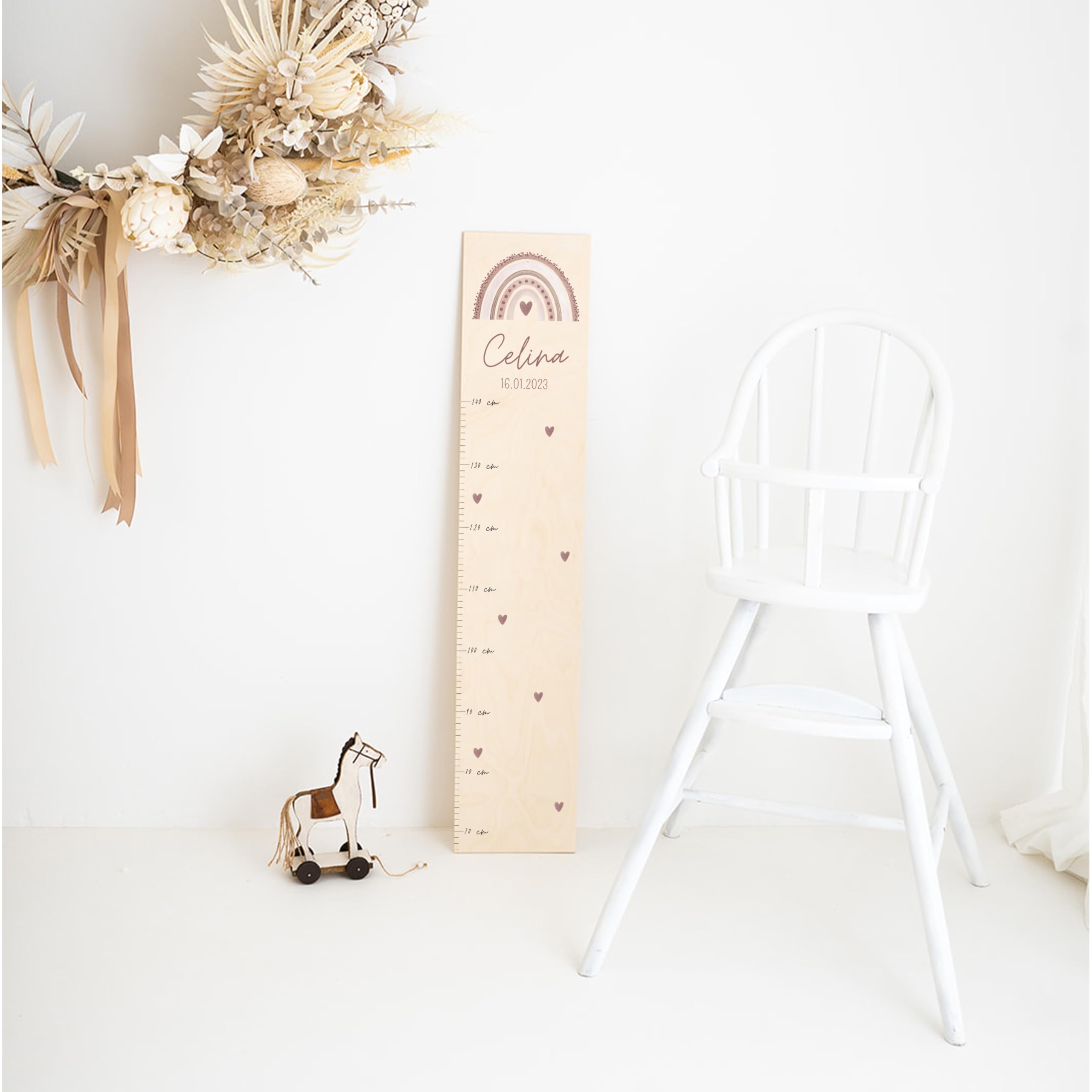 wunderwunsch® - Personalisierte Messlatte Kind Holz zum Kleben oder Aufhängen - Skala 70-140cm - Süße Dekoration für Baby- & Kleinkinderzimmer (rosa)