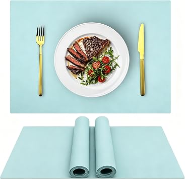 IYYI Silicone Placemats, Dining Placemats Set of 4, Waterproof Placemats for Kids, Non-Slip Silicone Mats for Dinner Table, Heat Resistant & Dishwasher Safe Light Blue, 17.6" 12.5"