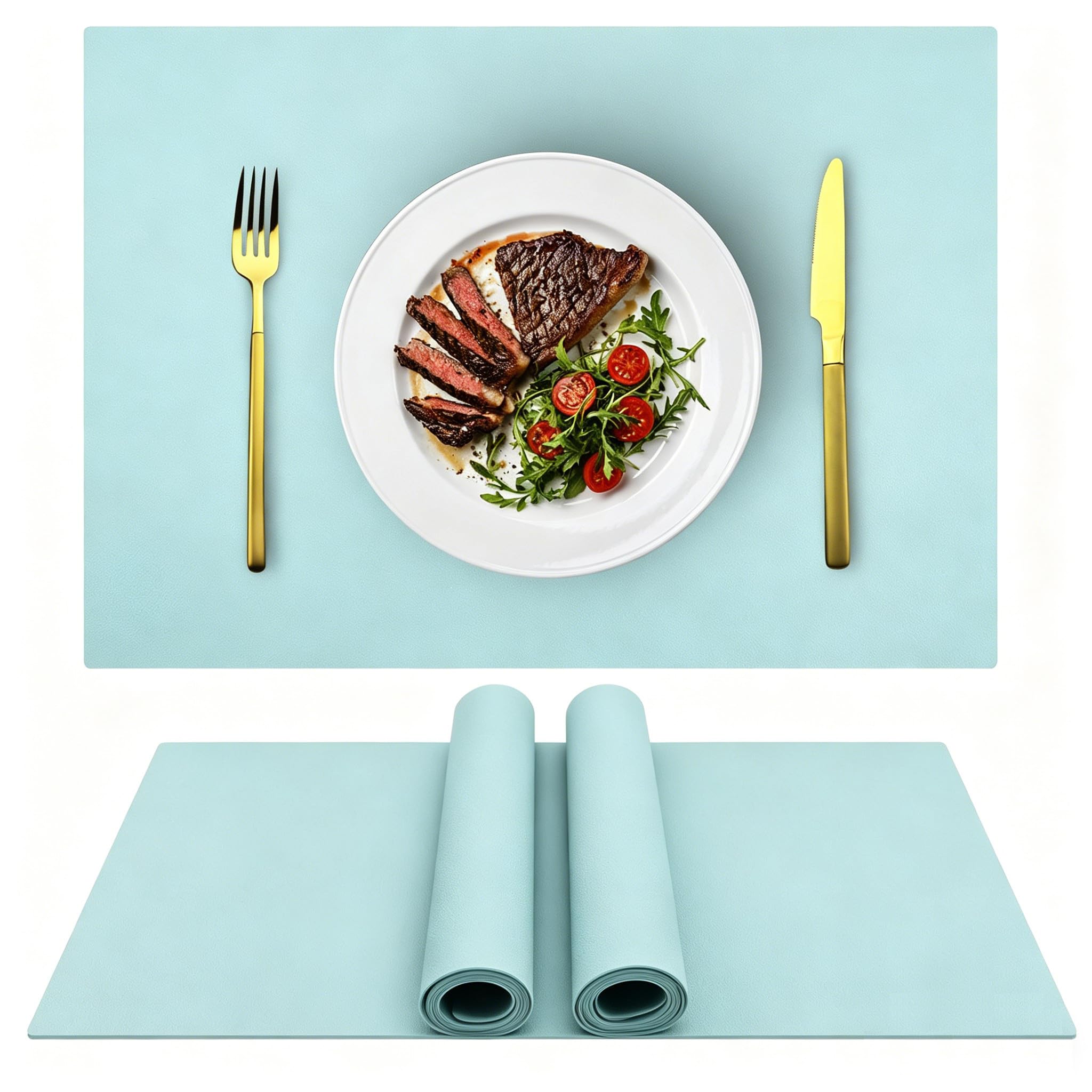 IYYI Silicone Placemats, Dining Placemats Set of 4, Waterproof Placemats for Kids, Non-Slip Silicone Mats for Dinner Table, Heat Resistant & Dishwasher Safe (Light Blue, 17.6" ×12.5")