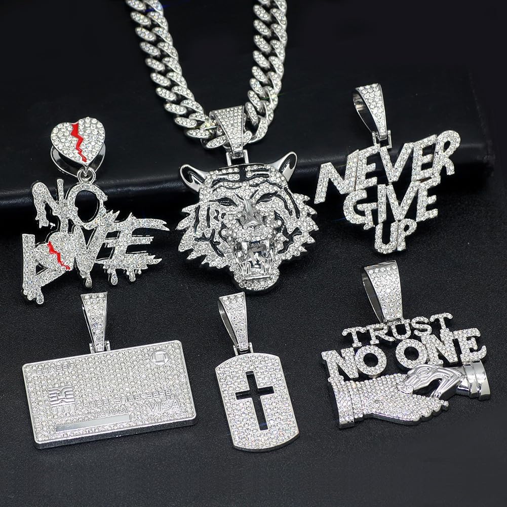 GuoShuang Silver Cuban Link Chain for Men with Pendant,miami Ice Out Diamond Cuban Link Tiger Cross Never Give UP Cridit Card VISA Necklace Hip Hop Jewelry men necklace