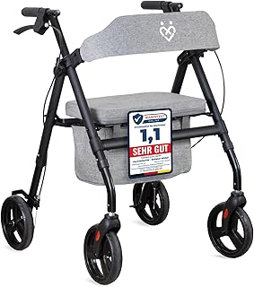 Rollator faltbar & leicht 9 kg mit Sitz – Rollatoren für Senioren – stabile Konstruktion aus Stahl, Tasche & gepolsterte Rückenlehne, Rollator schmal für Wohnung & Outdoor