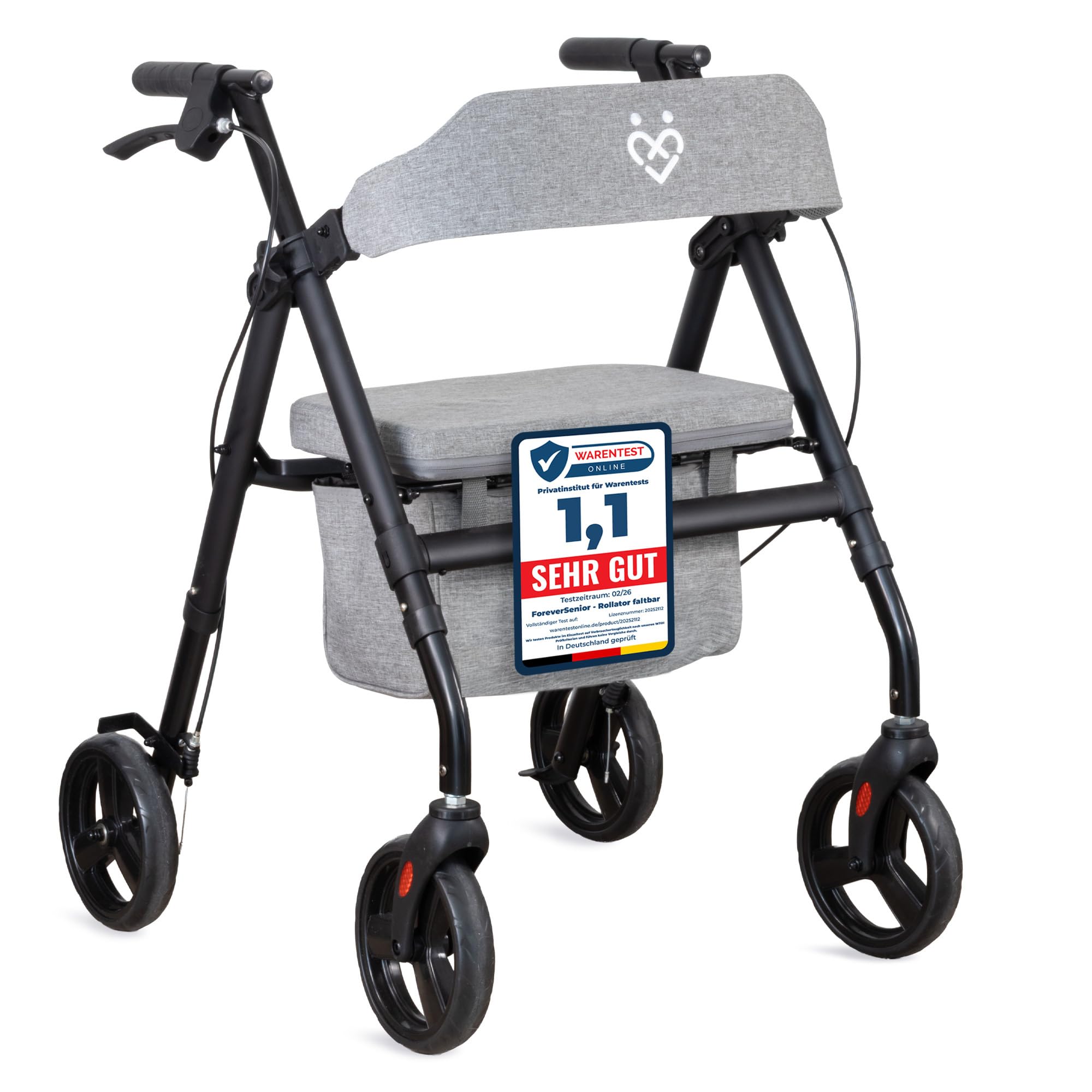 ForeverSenior Rollator faltbar & leicht 9 kg mit Sitz – Rollatoren für Senioren – stabile Konstruktion aus Stahl, Tasche & gepolsterte Rückenlehne, Rollator schmal für Wohnung & Outdoor