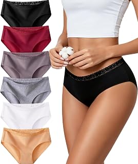 Cotton Underwear for Women 6 Pack Bikini Sexy Full Coverage Panties Lace Waistband Ladies Hipster