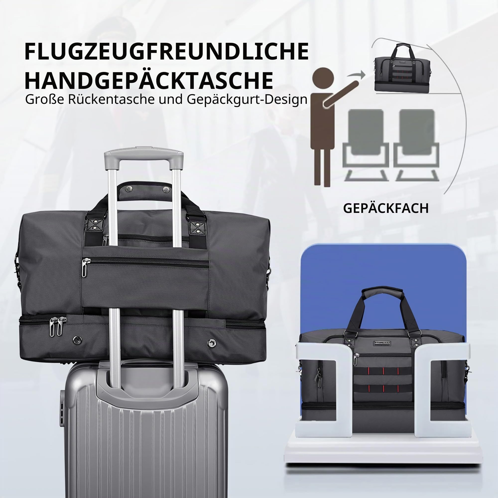 WITZMAN Reisetasche Herren 55L Nylon Weekender Duffle Bag mit Kulturbeutel | Mehrere Taschen mit Schuhfach und Nassfach, Handgepäck Flugzeug, Konvertierbar für Reisen, Sport, Weekender, B696 Silbergrau