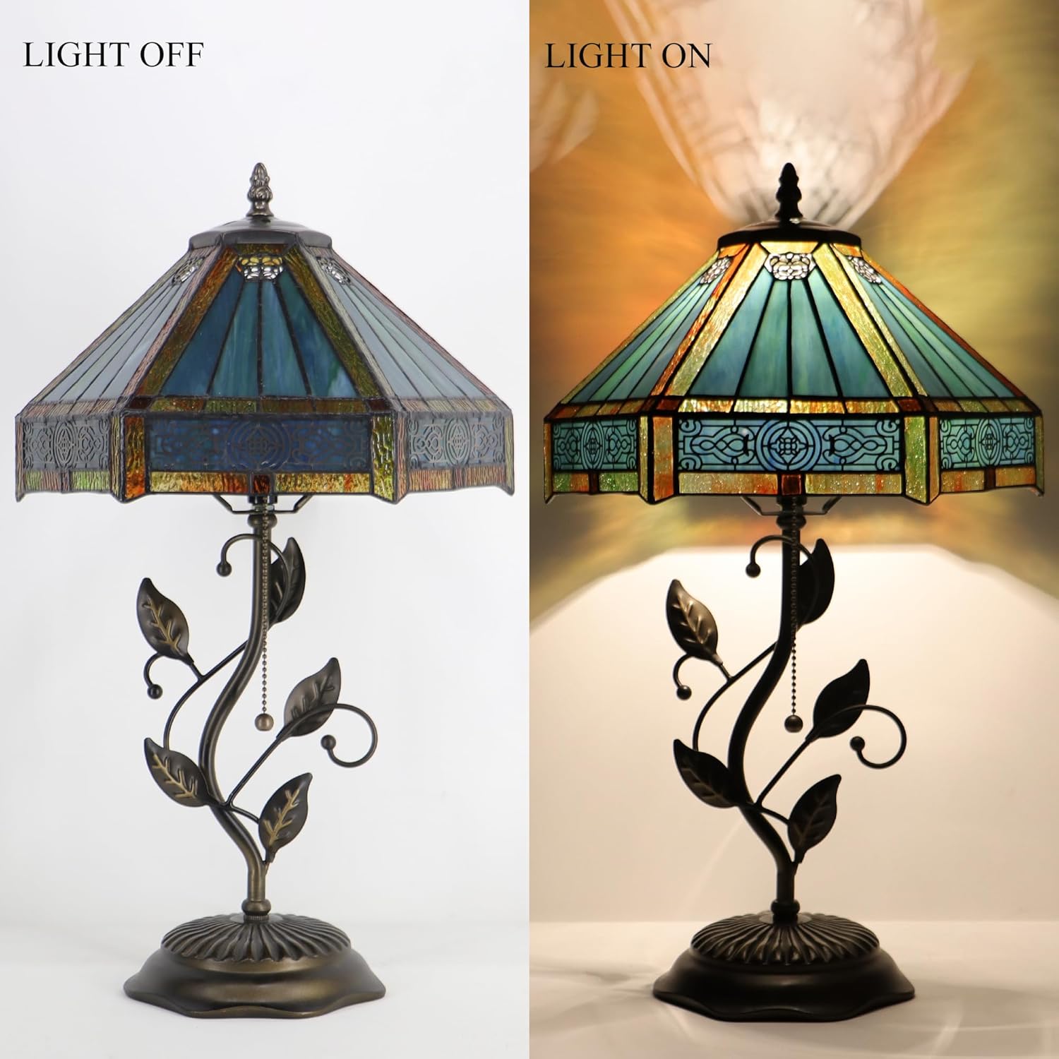 Tiffany Table Lamp Stained Glass Desk Lamp Metal Leaf Base Reading Light 12X19 Inch (Hexagon Mission Style)