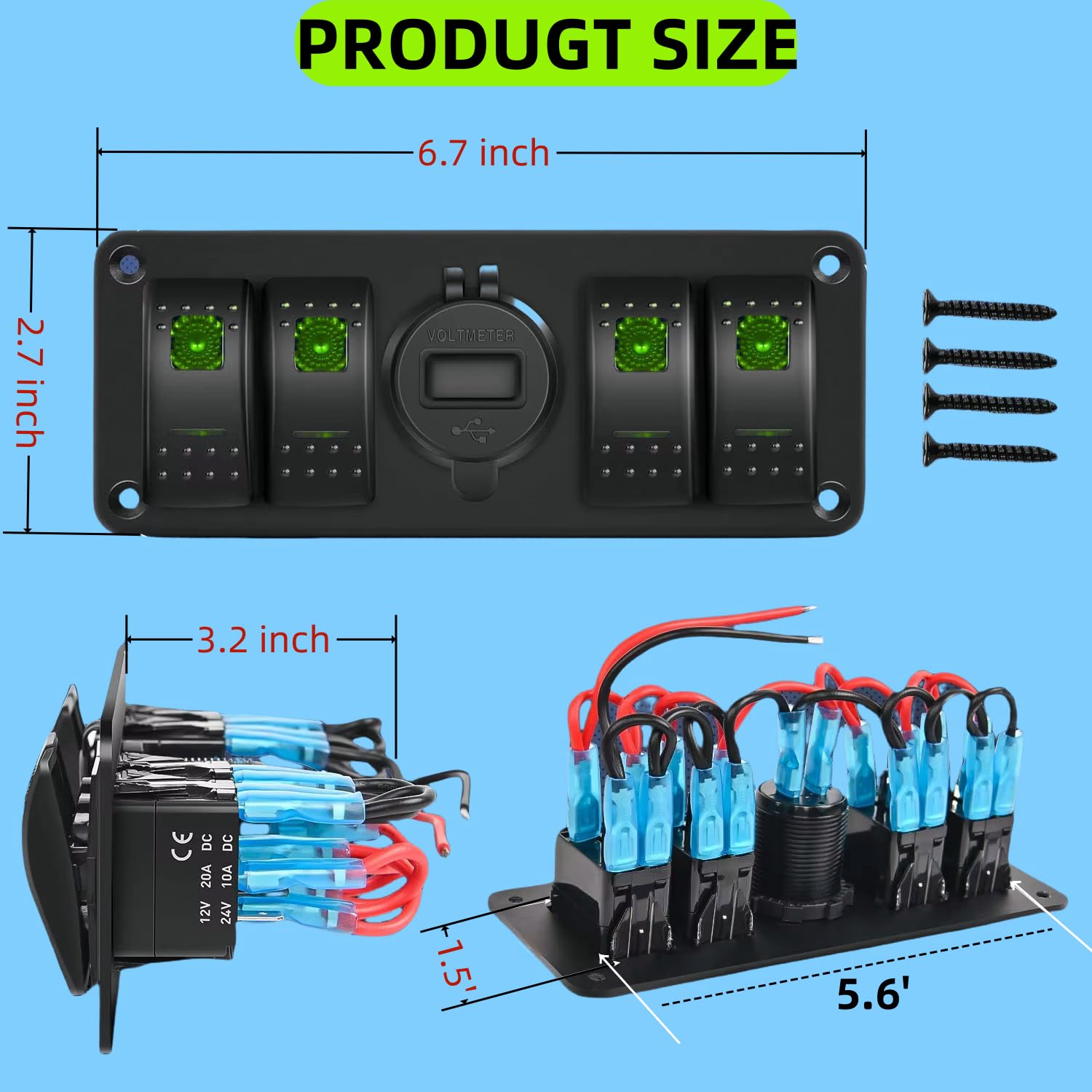 4 Gang Rocker Switch Box 12V SPST ON Off Switch with QC3.0 Dual USB Car Charger Socket Digital Voltmeter Waterproof Aluminum Switch Panel with Stickers for Marine Boat RV Truck (Green)