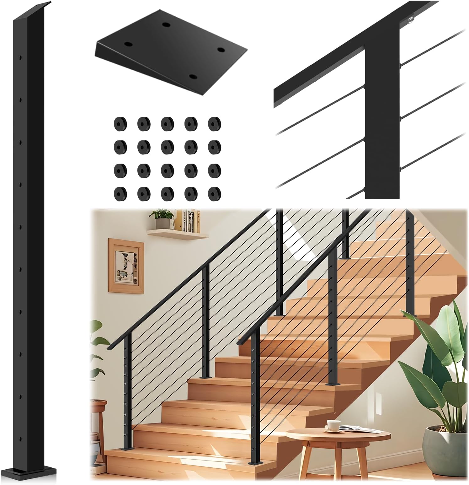 Stair Cable Railing Post 36" Slant Fixed Top 33 Drilled with Cable Grommets, Stainless Steel Black Stair Deck Post with 5-Degree Spacers Fit for 28-38 Degrees StairwayRecycled Claim Standard Blended