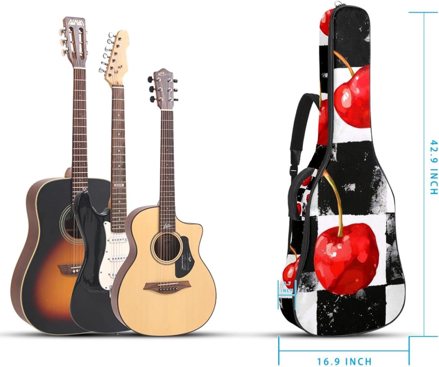 Acoustic Guitar Bag, 40 41 42 Inch Guitar Case Cover Soft Guitar Gig Bag for Acoustic Electric Bass Classical Guitar, Watercolor Cherries on Black and White Checkers