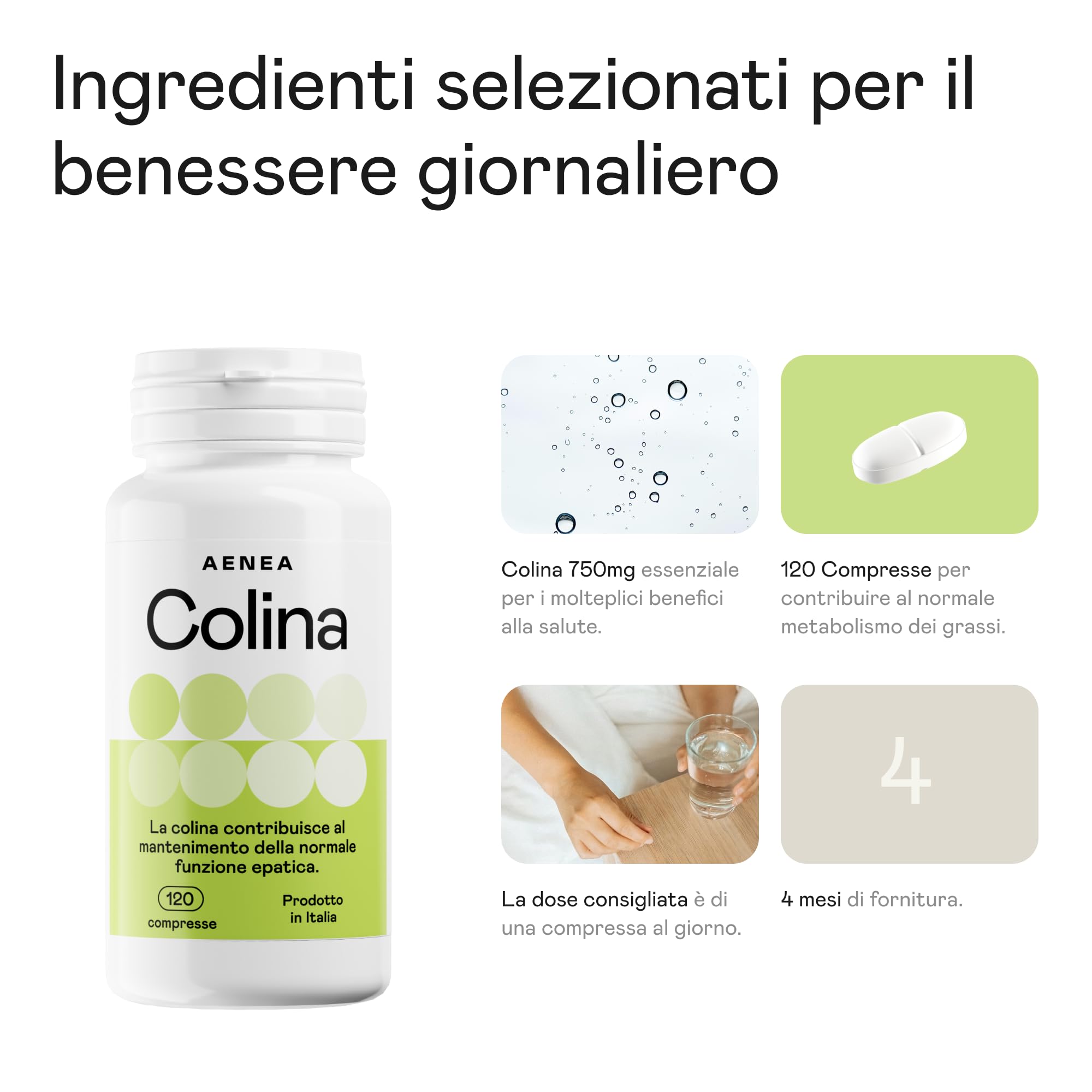 Choline Complément 120 cps Haute Dosage - 1200 mg Choline Bitartrate purifie le foie pour fonction hépatique et métabolisme des graisses, action purifiante, désintoxication, fourniture 4 mois Made in
