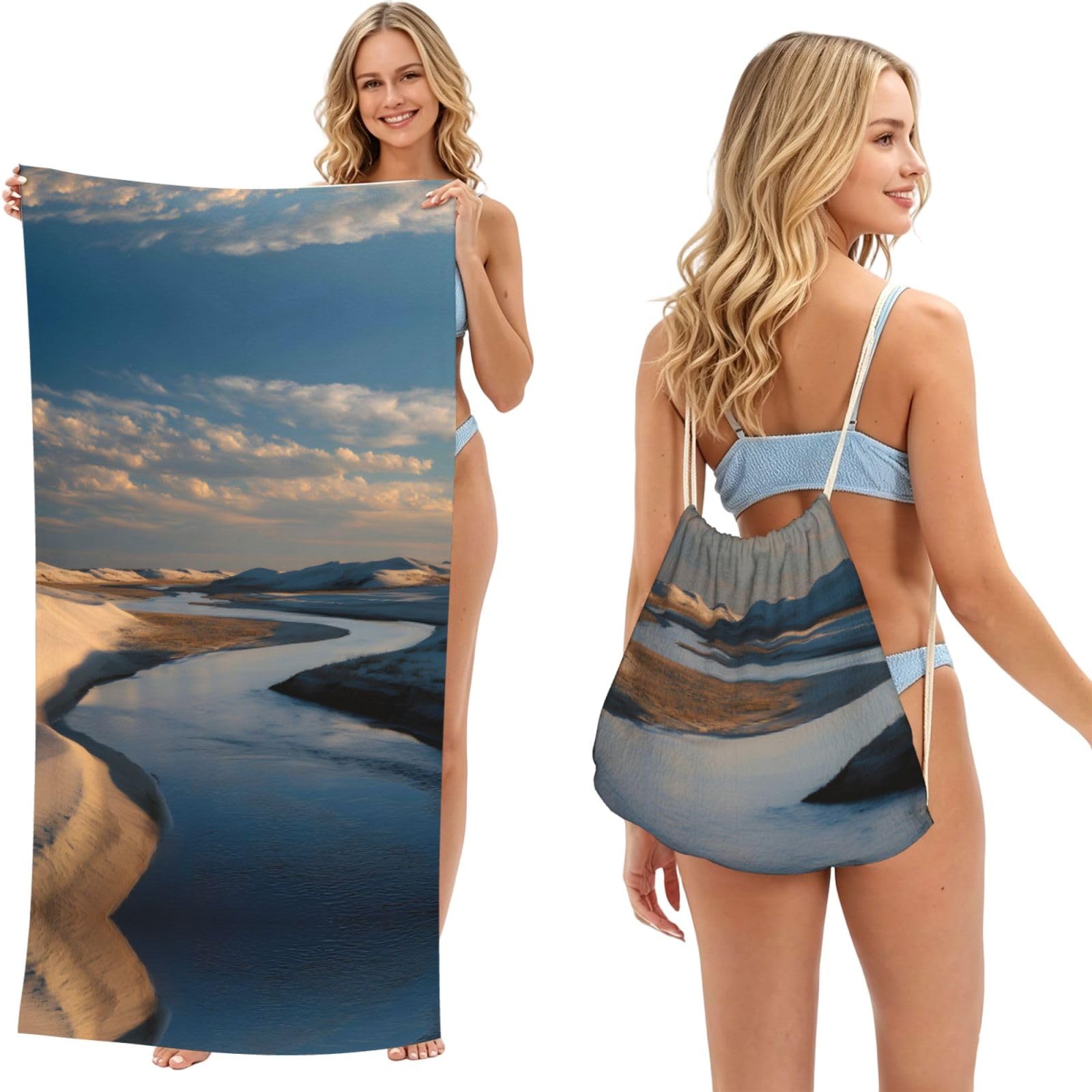 ESNAIUVCD Calm River Sand Dunes Print Beach Towel For Adults,Towel With Drawstring Bag, Travel Pool Swimming Sports Shower Sand Free Quick Dry Bath Towel For Pool, Beach, Yoga- 180x60cm