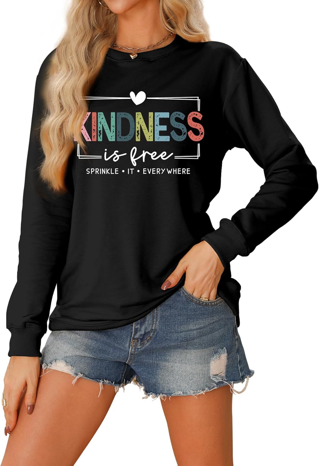 Kindness is Free Sweatshirt Womens Be Kind Brave Happy Graphic Long Sleeve Shirt Crewneck Tops for Teacher Sweatshirt - Image 3