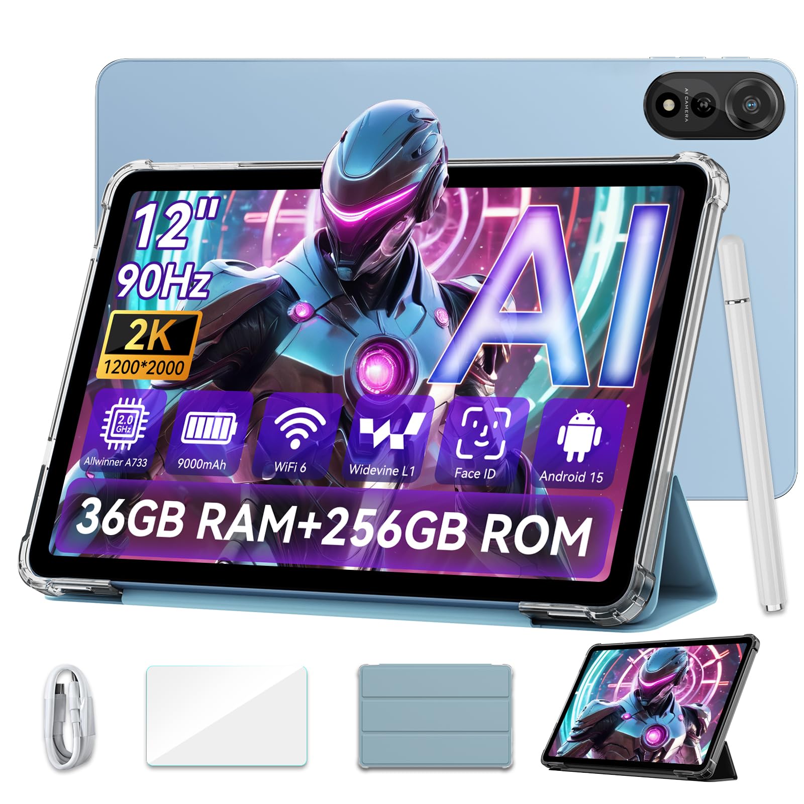 2026 Blackview Tablette 12" Android 15, 36 Go RAM, 256 Go ROM, Bleu
