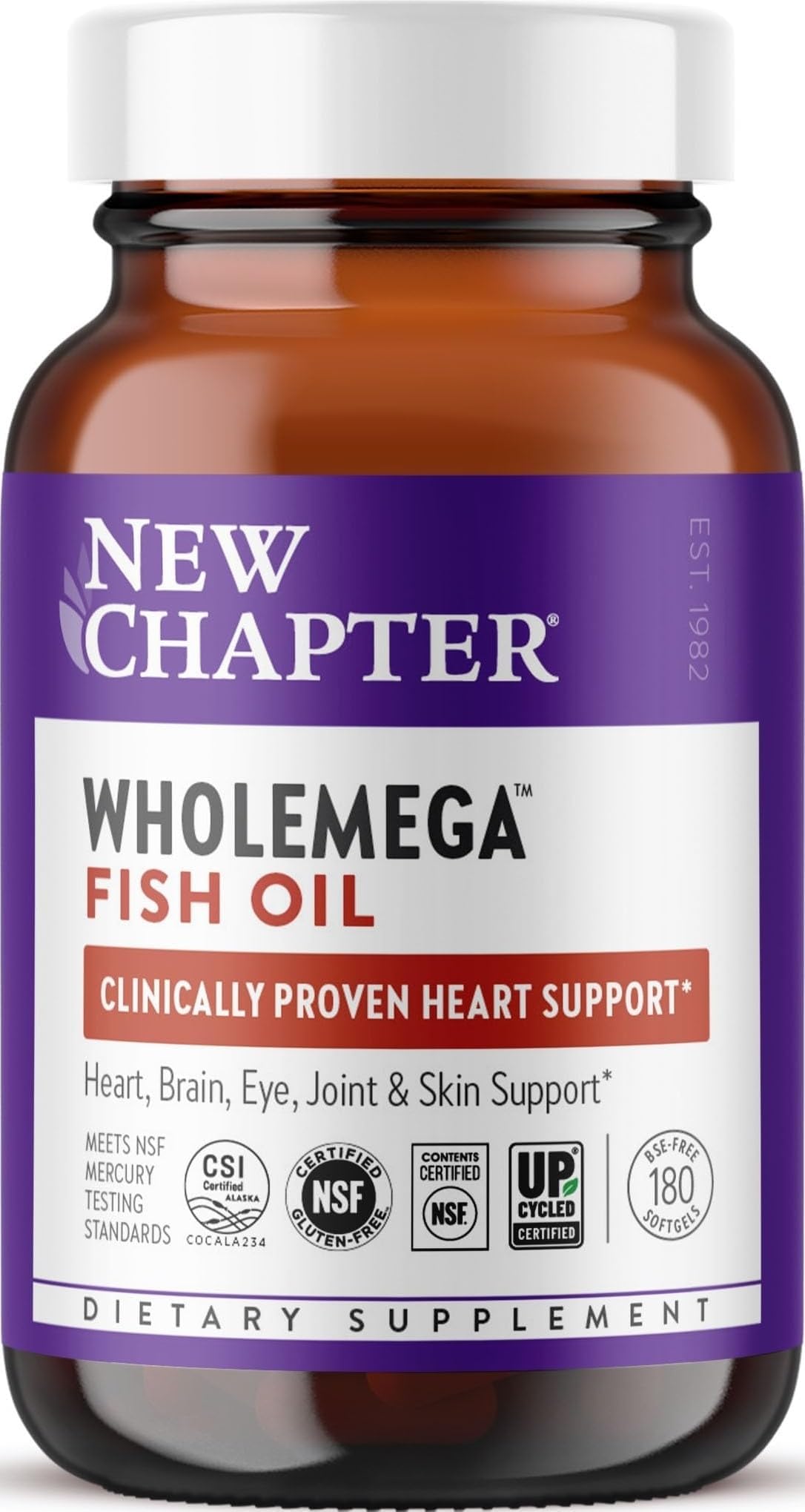 New Chapter Wholemega Wild Alaskan Salmon Oil, 180 Softgels | 2000 mg per Serving, Clinically Proven Omega-3 for Heart, Brain, and Joint Health, with Vitamin D3 and Astaxanthin
