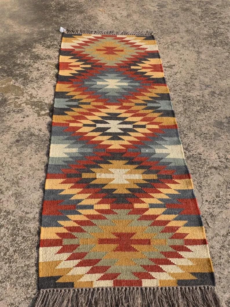 Tapis Kilim en laine de jute bohème - Tissé à la main rustique à tissage plat (200 × 300 cm)