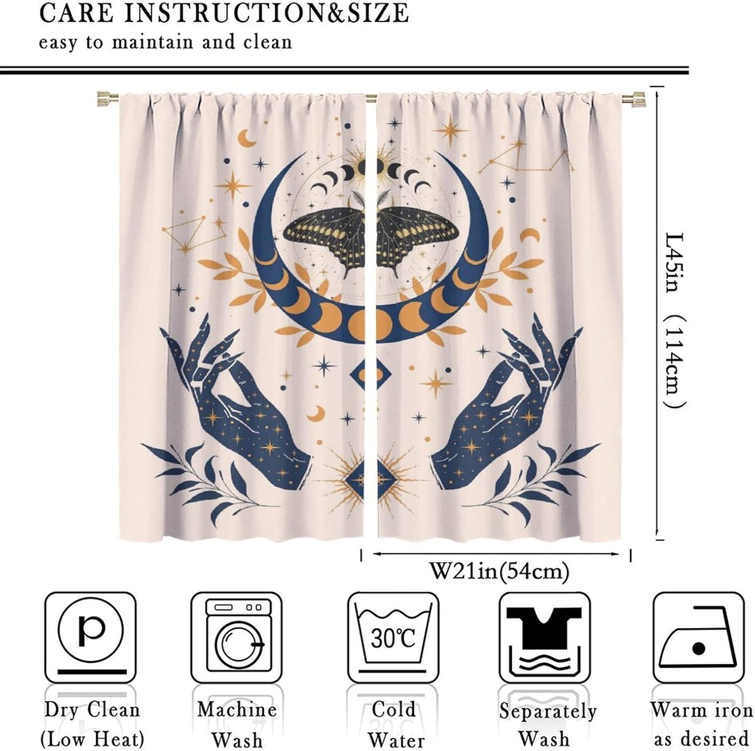 Gothic Moth Curtains, Mystical Moon Phase Astrology Vintage Tarot Cards Bohemian Style Elements, Bedroom Living Room Blackout Noise Reduction Curtains42X45 Inch