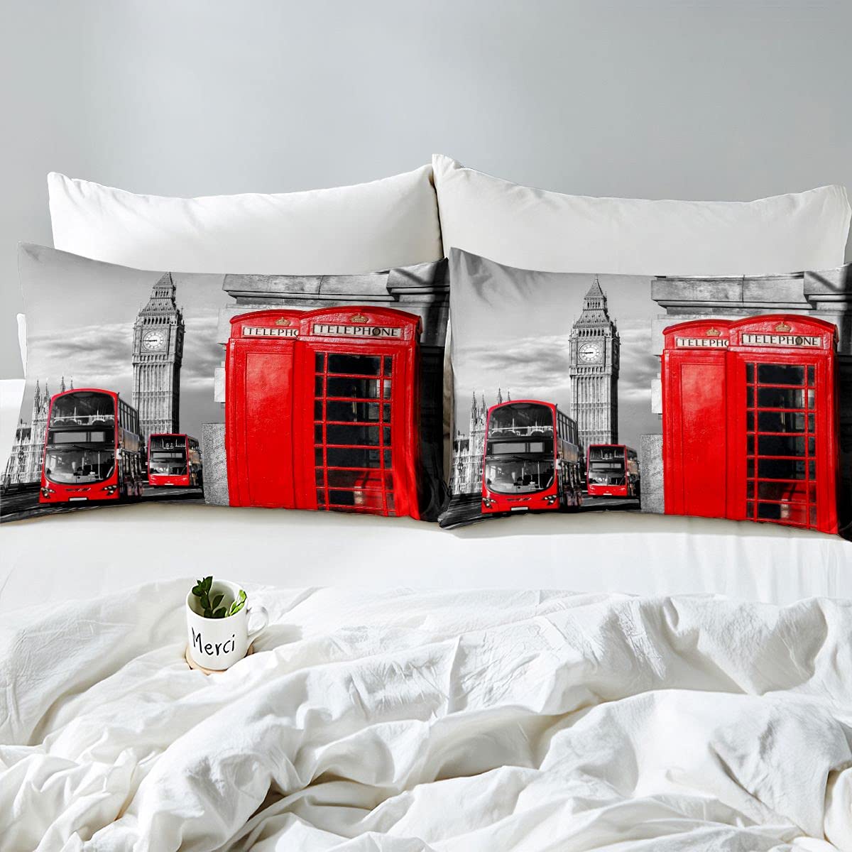 Loussiesd Londra Morbido Piumino Bambini Rosso Cabina Telefono Set di Biancheria Da Letto Romantico Città Scenario Old Street Big Ben Vintage Retro Piumino Consolatore 3 Pz 230x220cm
