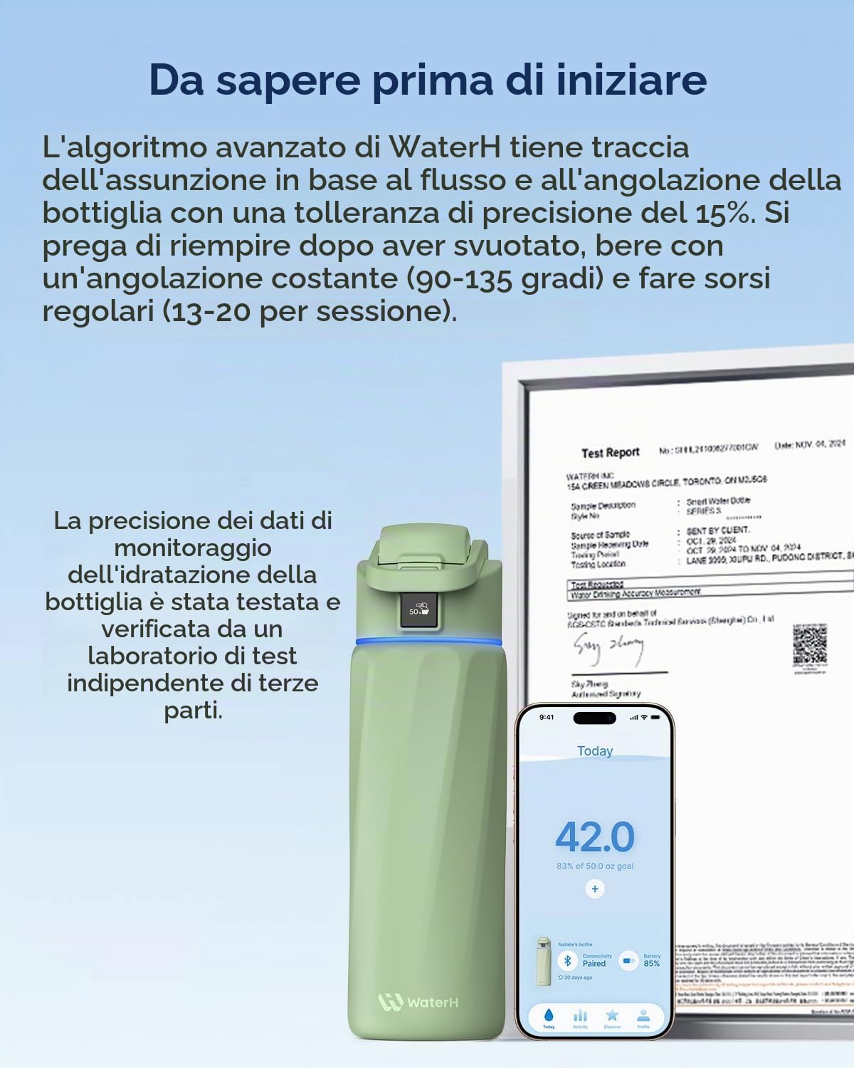 WATERH BOOST - Borraccia intelligente con promemoria idratazione e tracker, borraccia termica sottovuoto in acciaio inox, senza BPA, apertura larga, ideale per palestra, scuola, ufficio, 710 ml