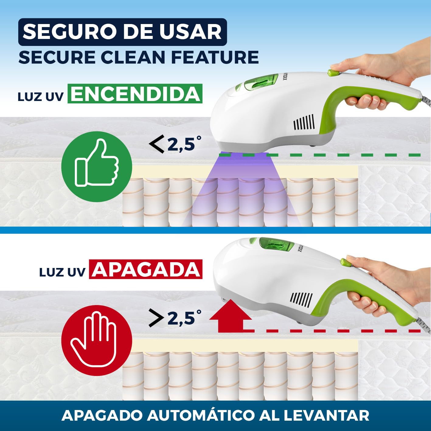 CLEANmaxx Aspirador Manual de ácaros | Limpiador de colchones con Potente succión, esteriliza Las Superficies con luz UV-C | 300Watt [Destruye hasta el 99,9% de Todos los ácaros]