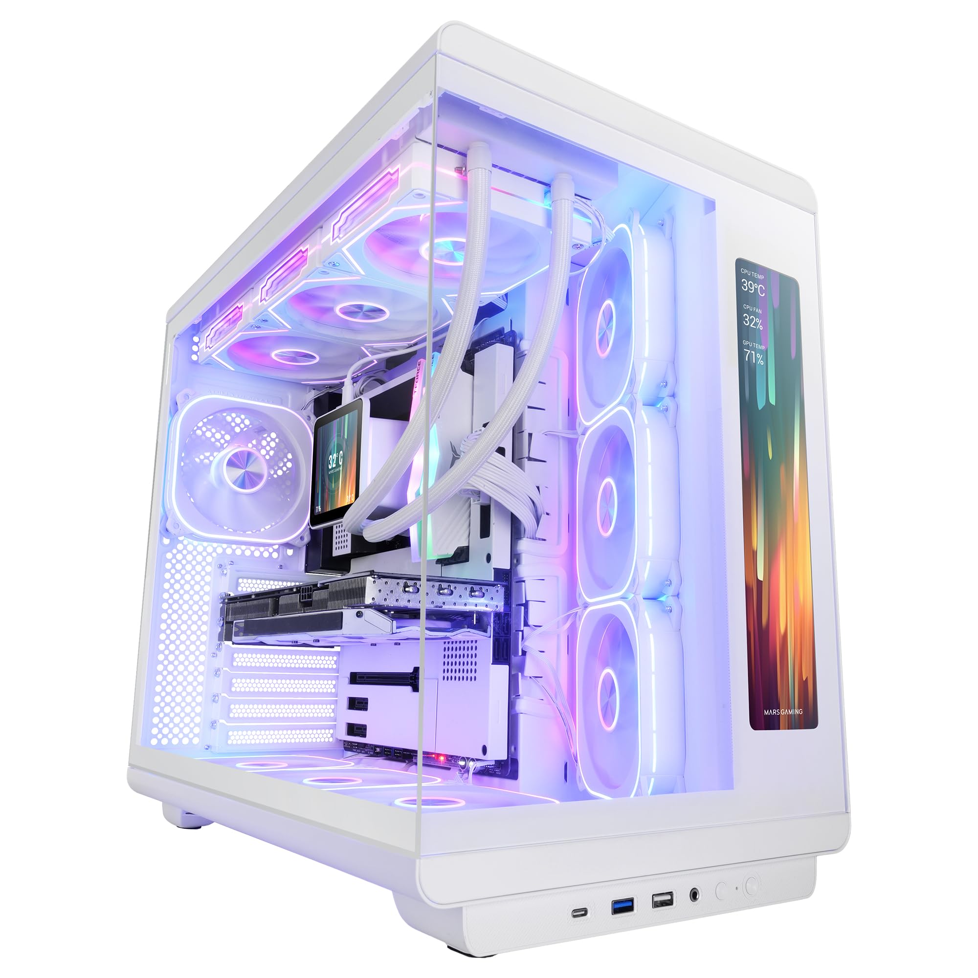 Mars Gaming MC-REVMAX, Boîtier PC ATX, Écran IPS 11.8", Verre Trempé Continu, 4 Ventilateurs PWM ARGB, Refroidissement Liquide jusqu'à 360mm, Compatible Cartes Mères à Connecteur Inversé, USB-C, Blanc