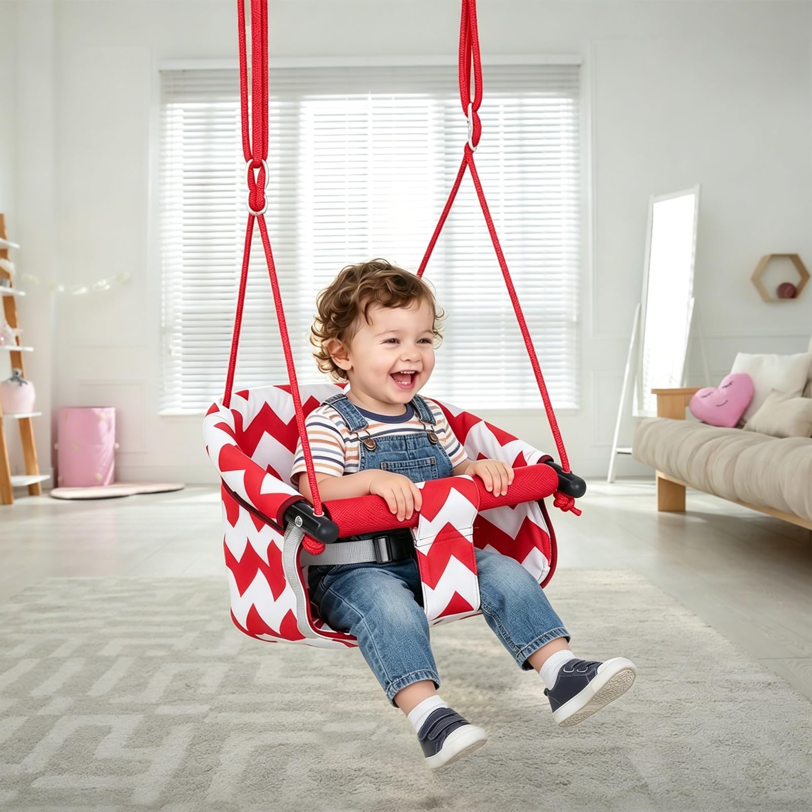Altalena Da Giardino Per Bambini,Seggiolino Altalena Bambini Con Morbida Cintura Di Sicurezza E Corda Regolabile,Altalena Per Bambini, Altalena Per Interni Ed Esterni (Rosso)
