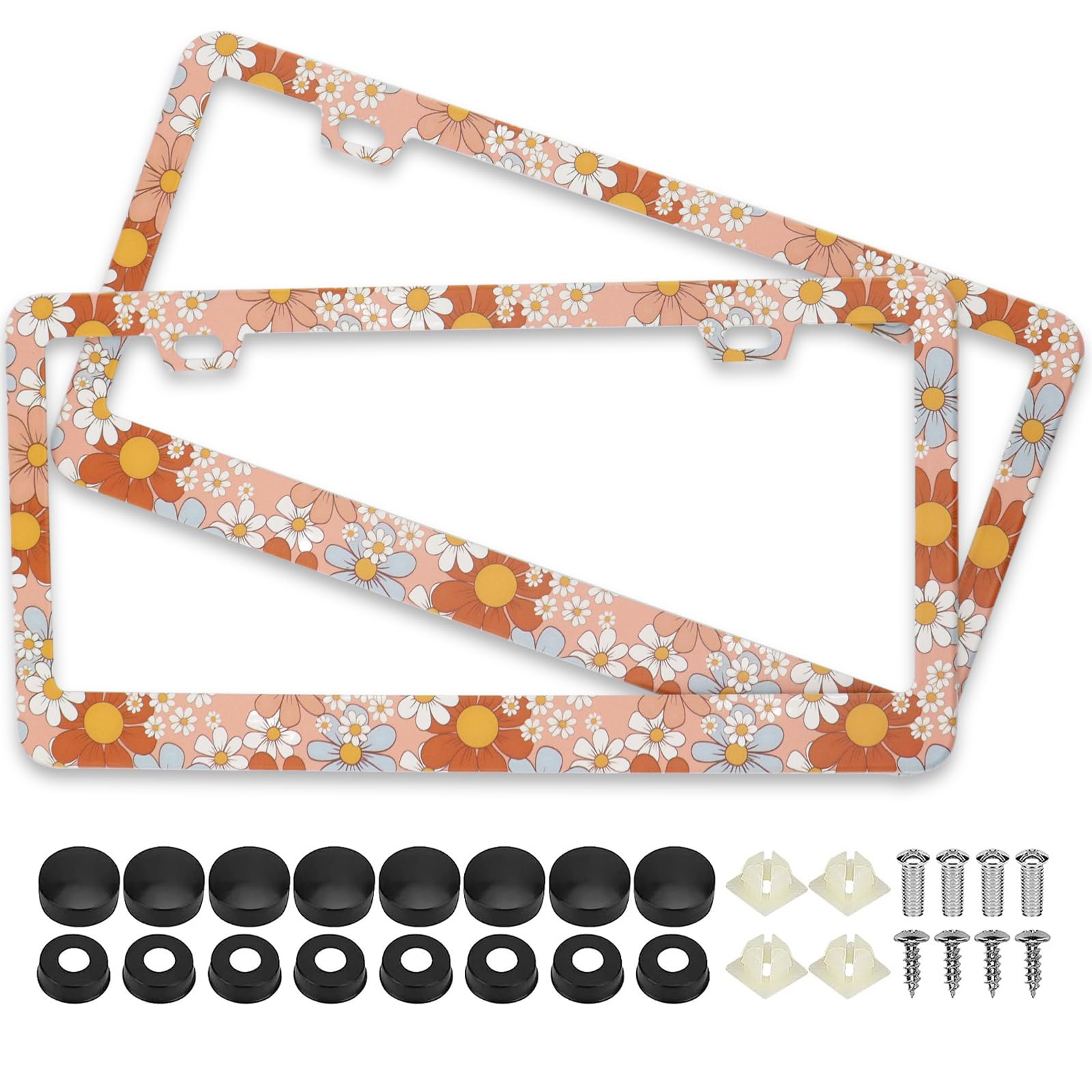 Larkverk License Plate Frames,Vintage Retro Floral Daisy License Plate Frame Metal Aluminum Rustproof Car Accessories For Us Canada Standard Women Men 2 Holes With Screw Caps